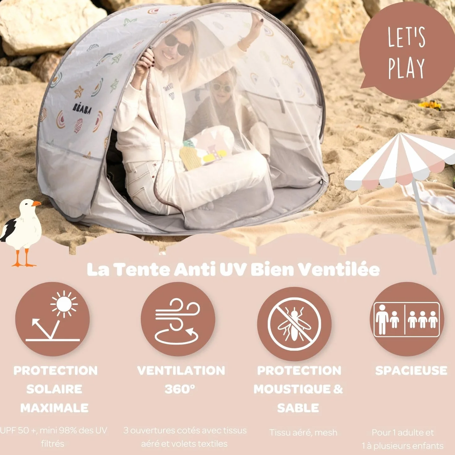 BÉABA Tente de Plage Anti UV Bébé UPF50+ Protection Solaire Pop-UP avec Ventilation 360° Moustiquaire