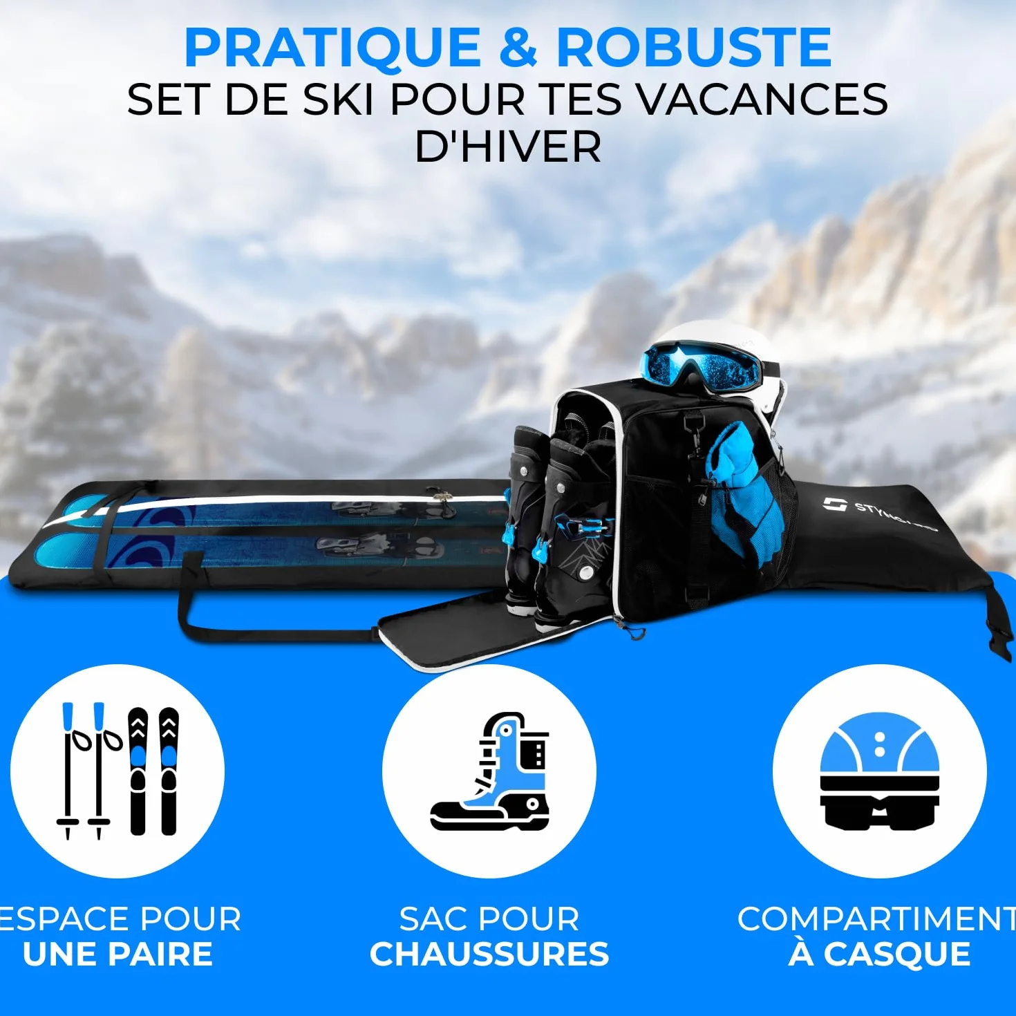 STYNGARD Sac à Chaussures de Ski avec Housse à Skis 140-200 cm 40 L Compartiment Casque Vancouver