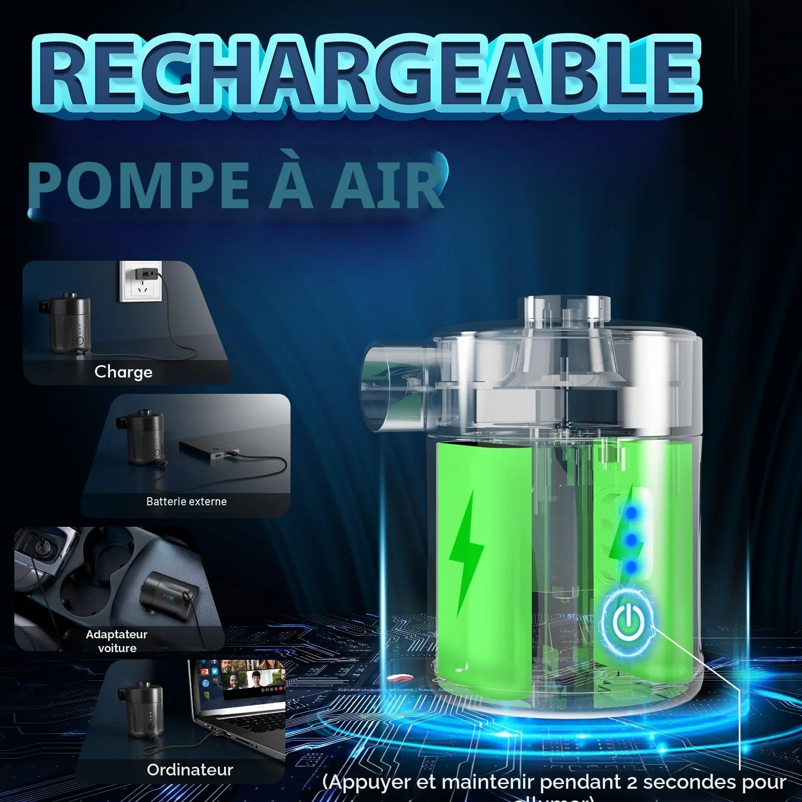 Mojimdo Pompe à Air Électrique Portable Rechargeable 2-en-1 avec 4 Embouts et Sac de Rangement pour Matelas Gonflable, Piscine