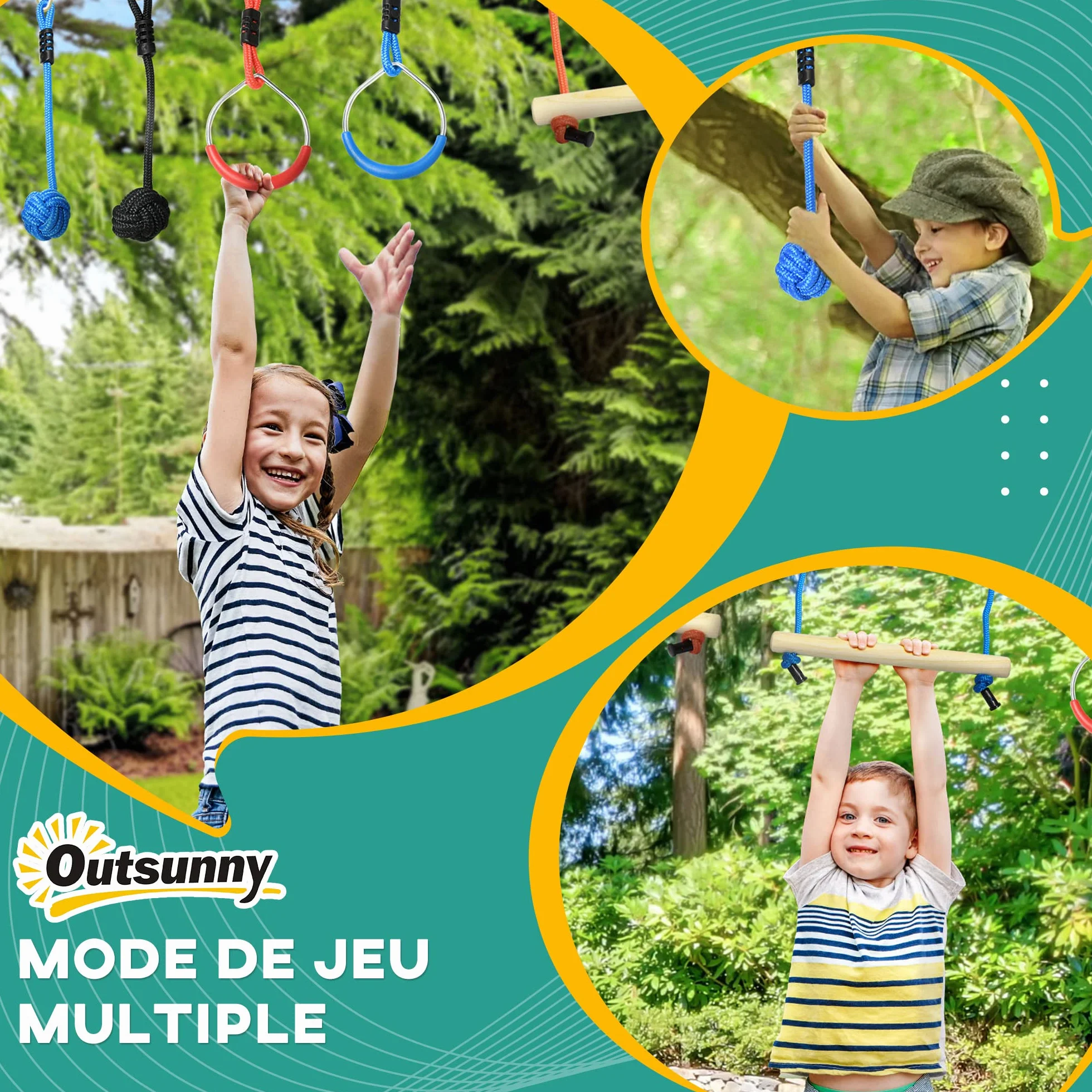 Outsunny Parcours d'obstacles Ninja pour Enfants 30 Accessoires 10 m Slackline Sac de Transport Bleu Noir Rouge