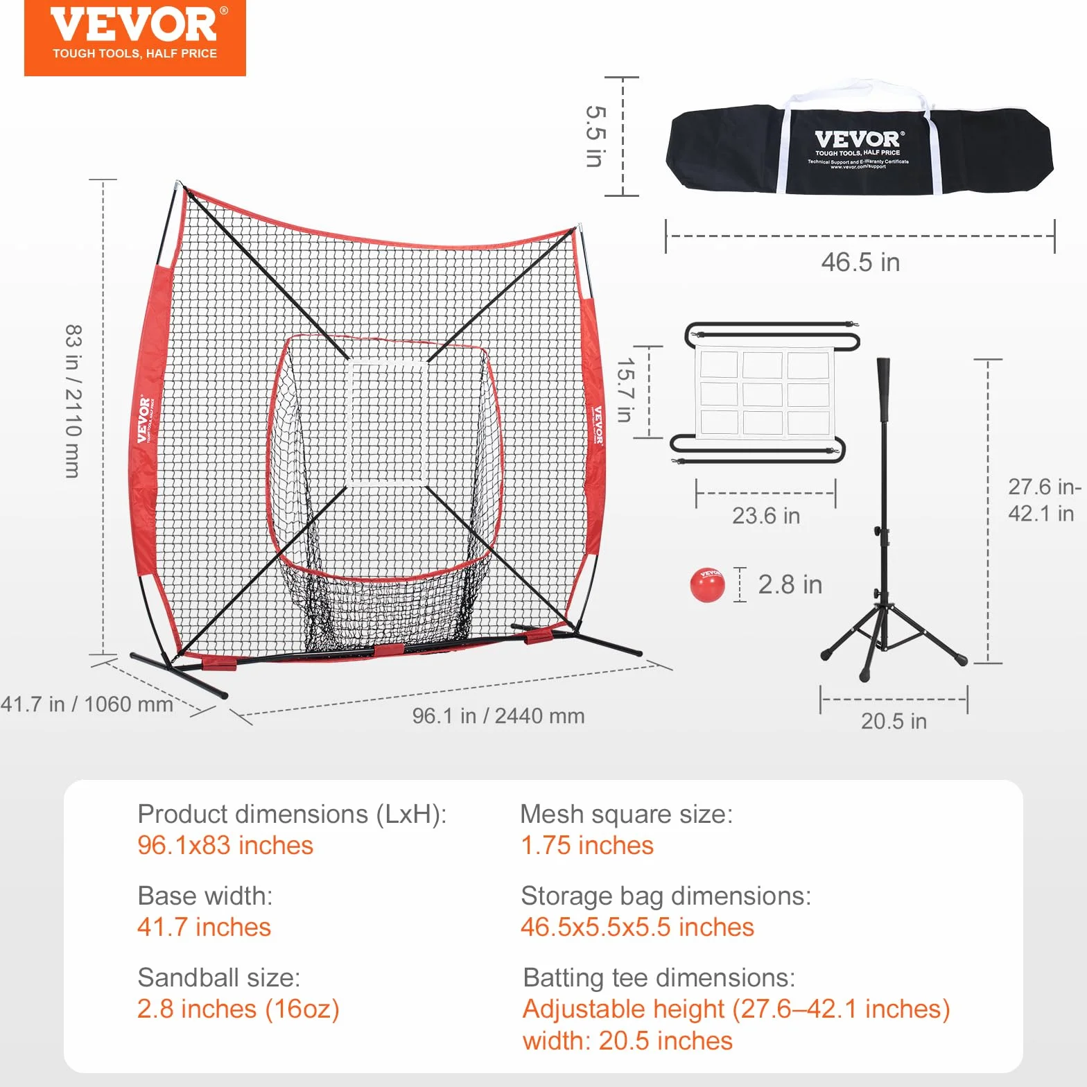 VEVOR Filet d'entraînement de baseball et softball portable avec cadre d'arc, sac de transport, zone de frappe