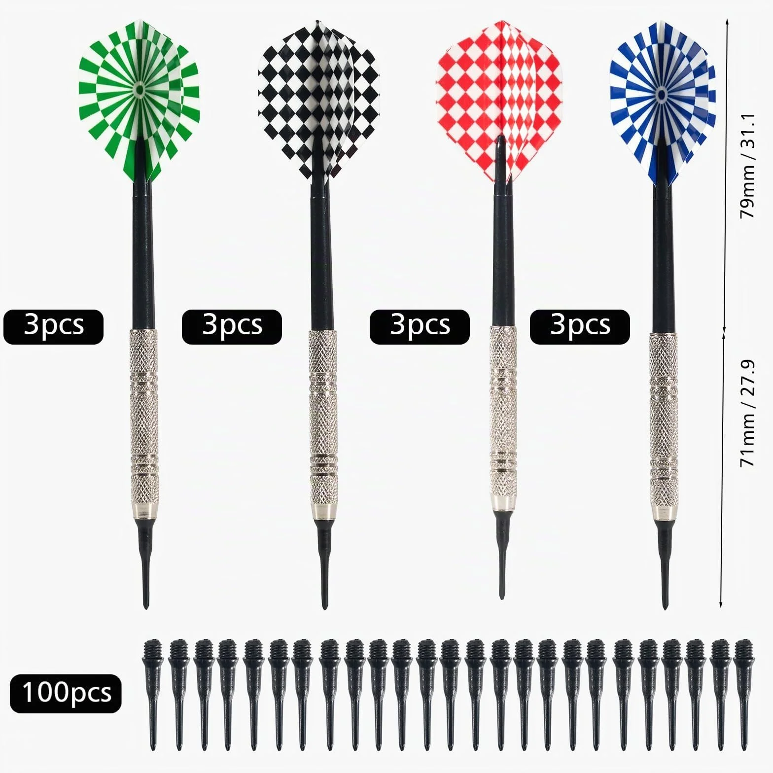Flechette Pointe Plastique 12 sztuk z 100 Embouts i 12 Ailettes