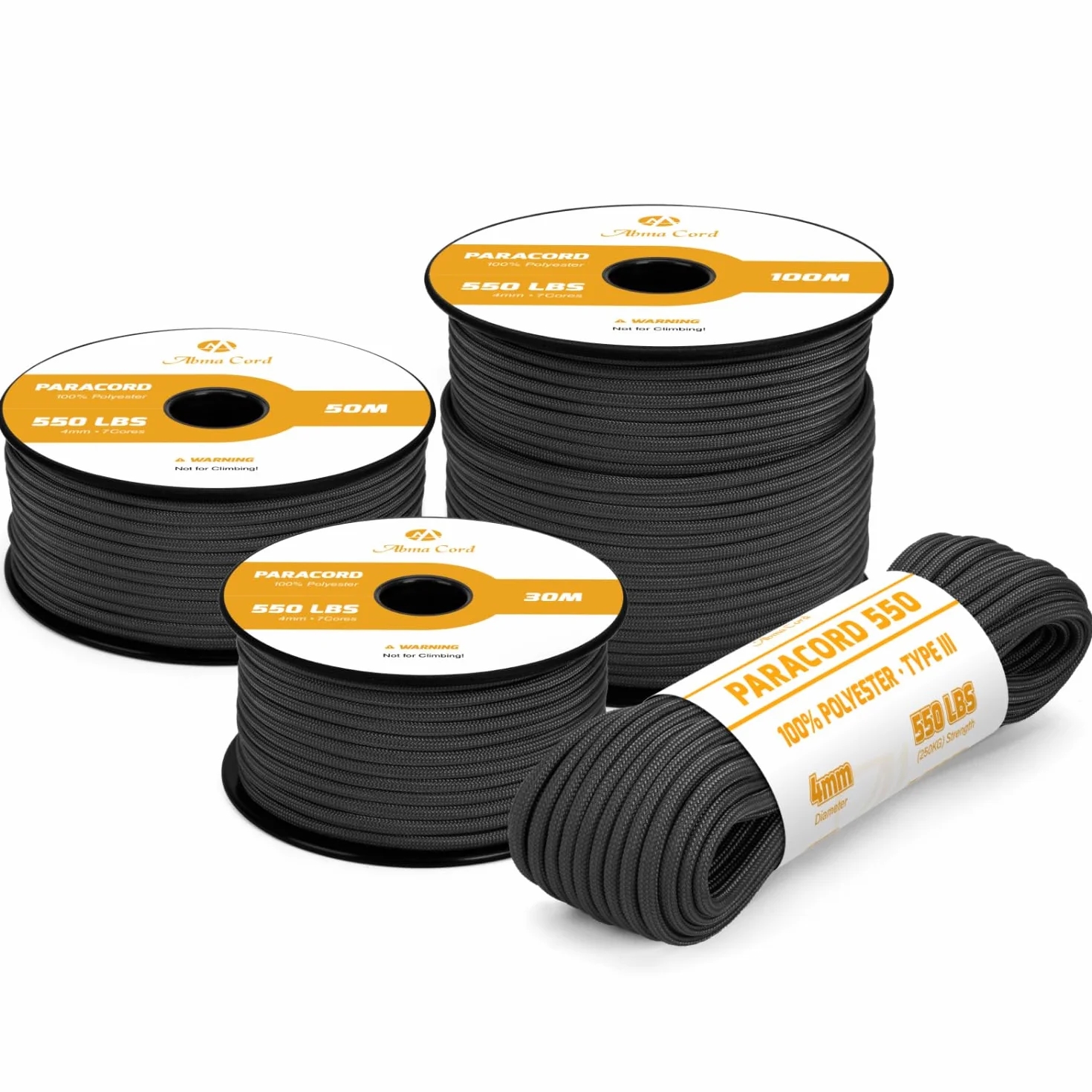 Abma Cord Paracorde 4mm 30m Type 3 550 7 Brins Noir Max 250 kg