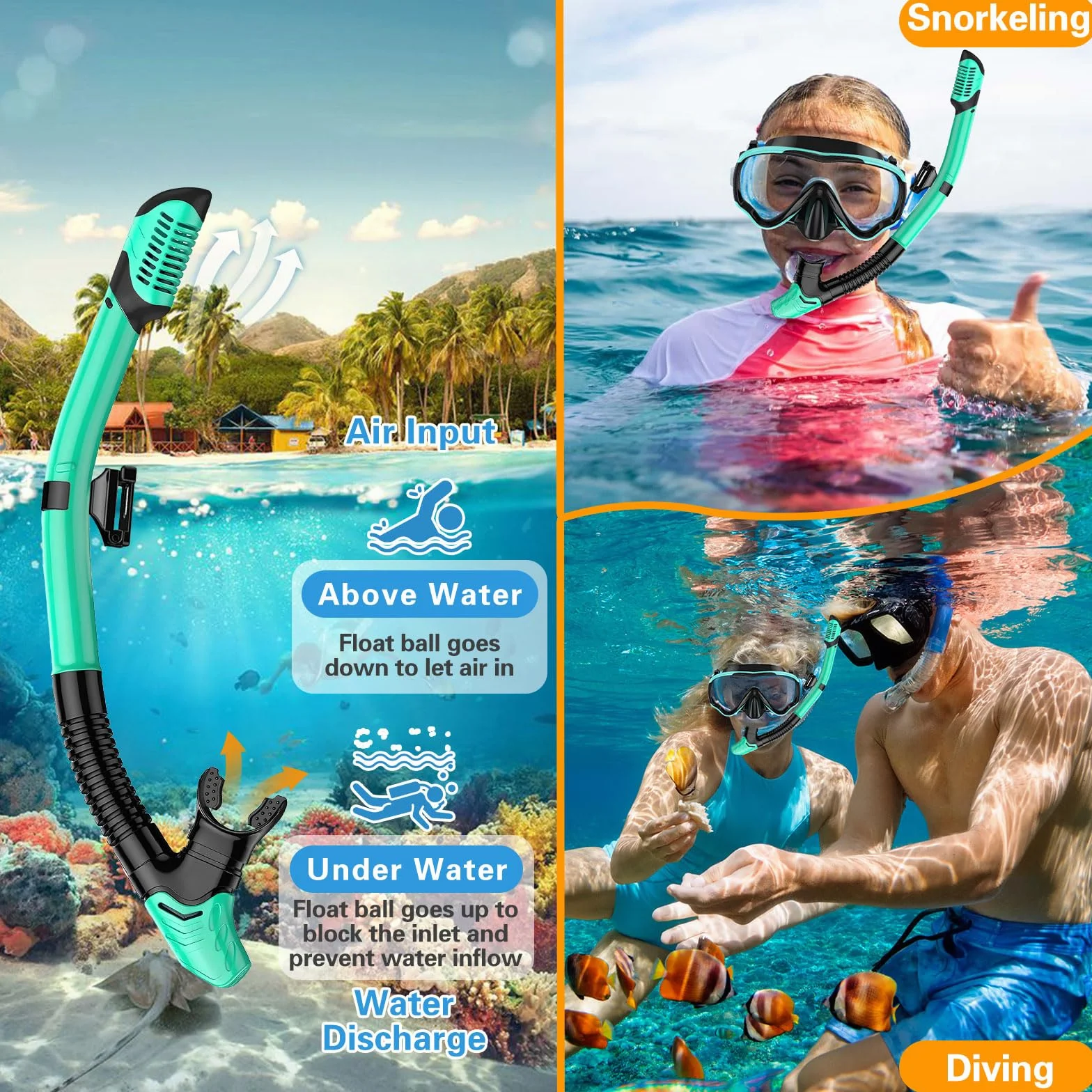 Masque de Plongée Adulte avec Tuba, Lunettes Panoramiques 180°, Vert