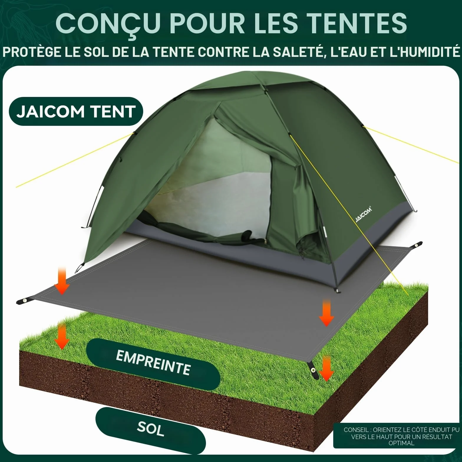 JAICOM Bâche de Tente Ultra Léger Imperméable 2 Personnes Camping Randonnée