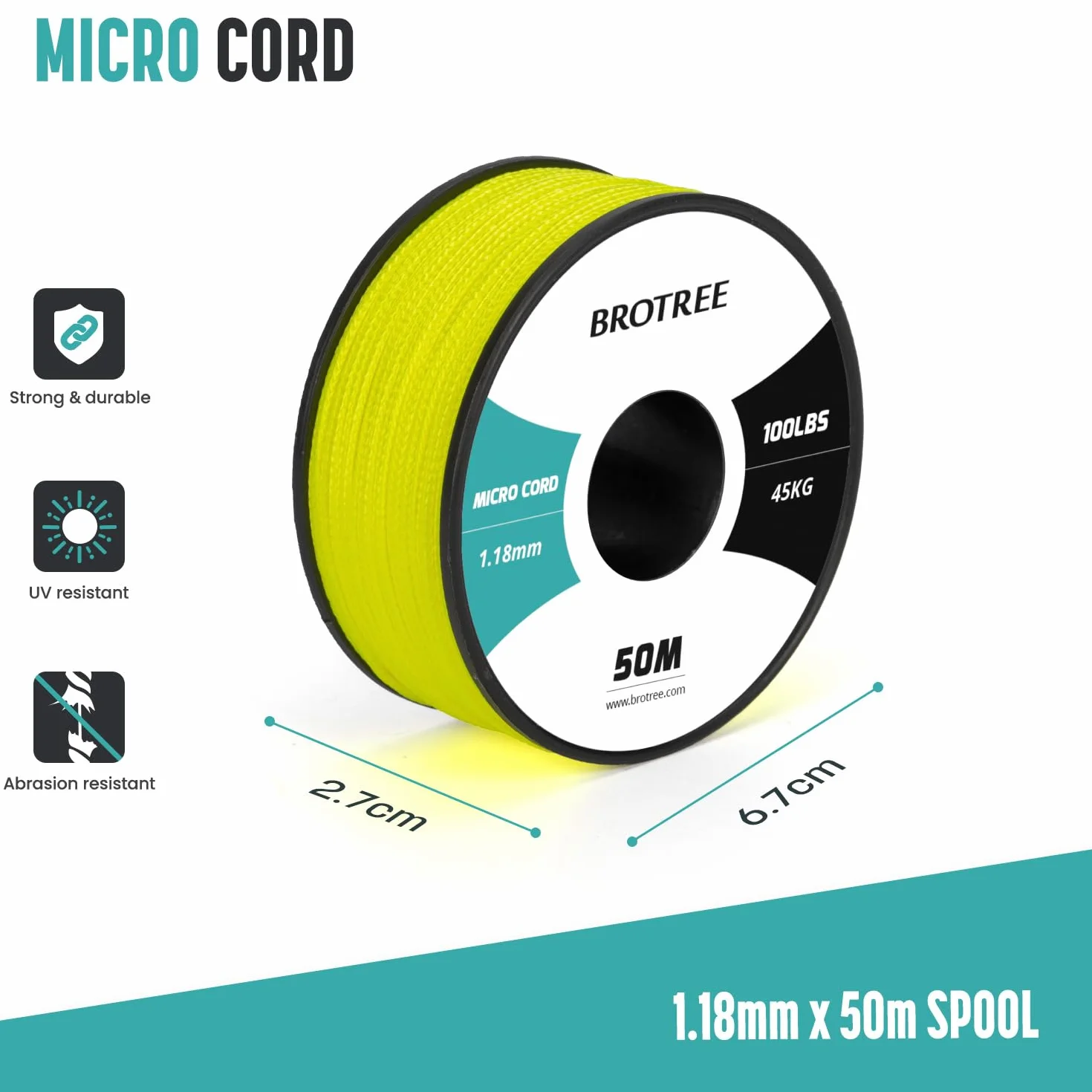 Brotree Micro Corde Paracorde 1,18 mm 50M Bobine Tressé 45 kg Charge de Rupture Néon Jaune