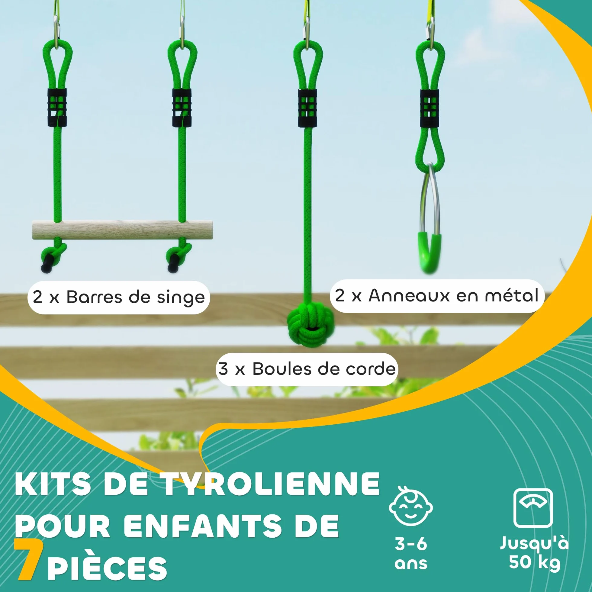 AIYAPLAY Parcours d'obstacles Ninja pour Enfants 10 m 50 kg Slackline Sac de Transport Bois de Sapin PP Vert