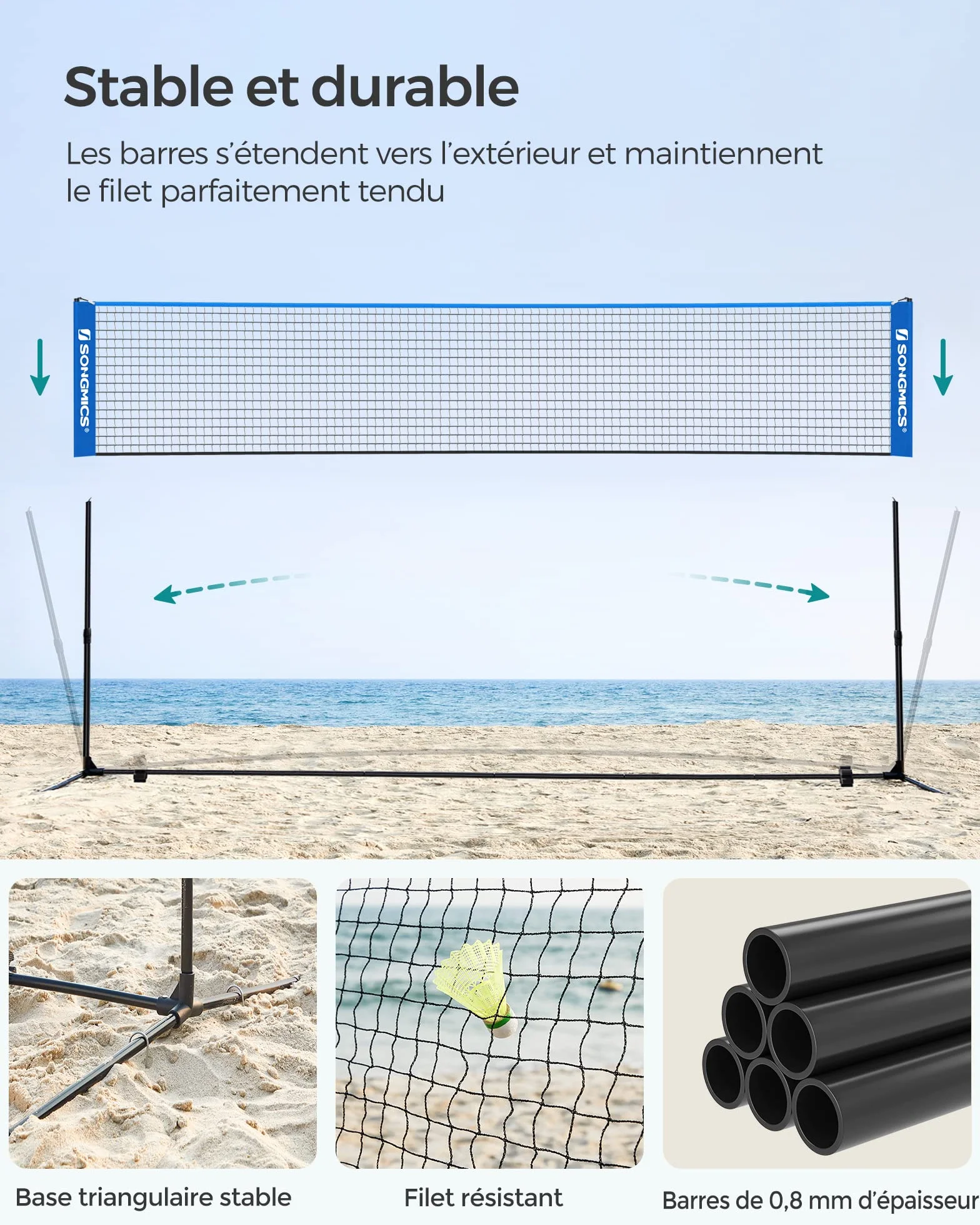 SONGMICS Filet de Badminton 3 m, Hauteur réglable, Ensemble Portable pour Volley-Ball
