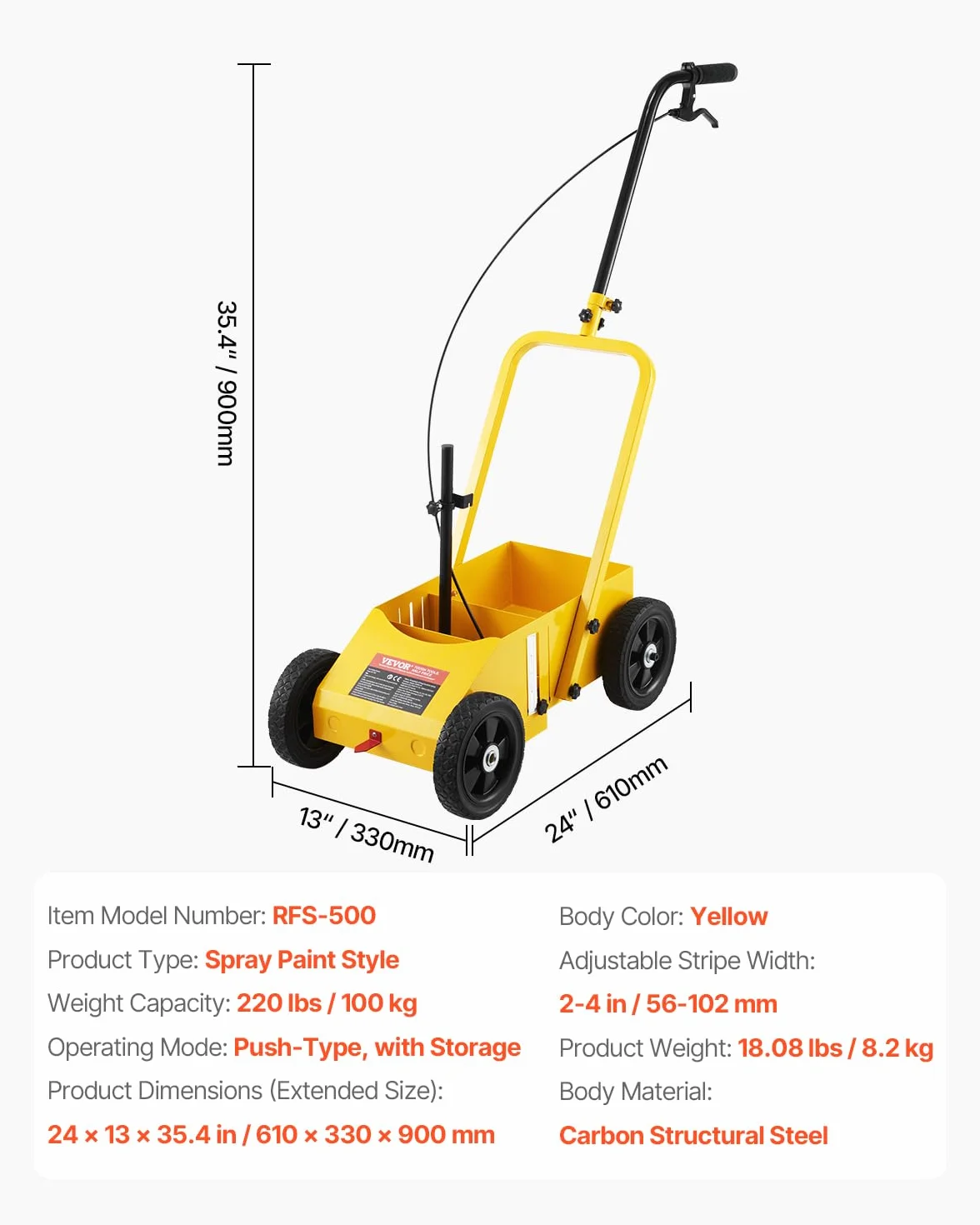 VEVOR Traceuse de Lignes 61 x 33 x 90 cm, Machine de Marquage Routier 4 Roues, Largeur Réglable 5,6-10,2 cm, Jaune