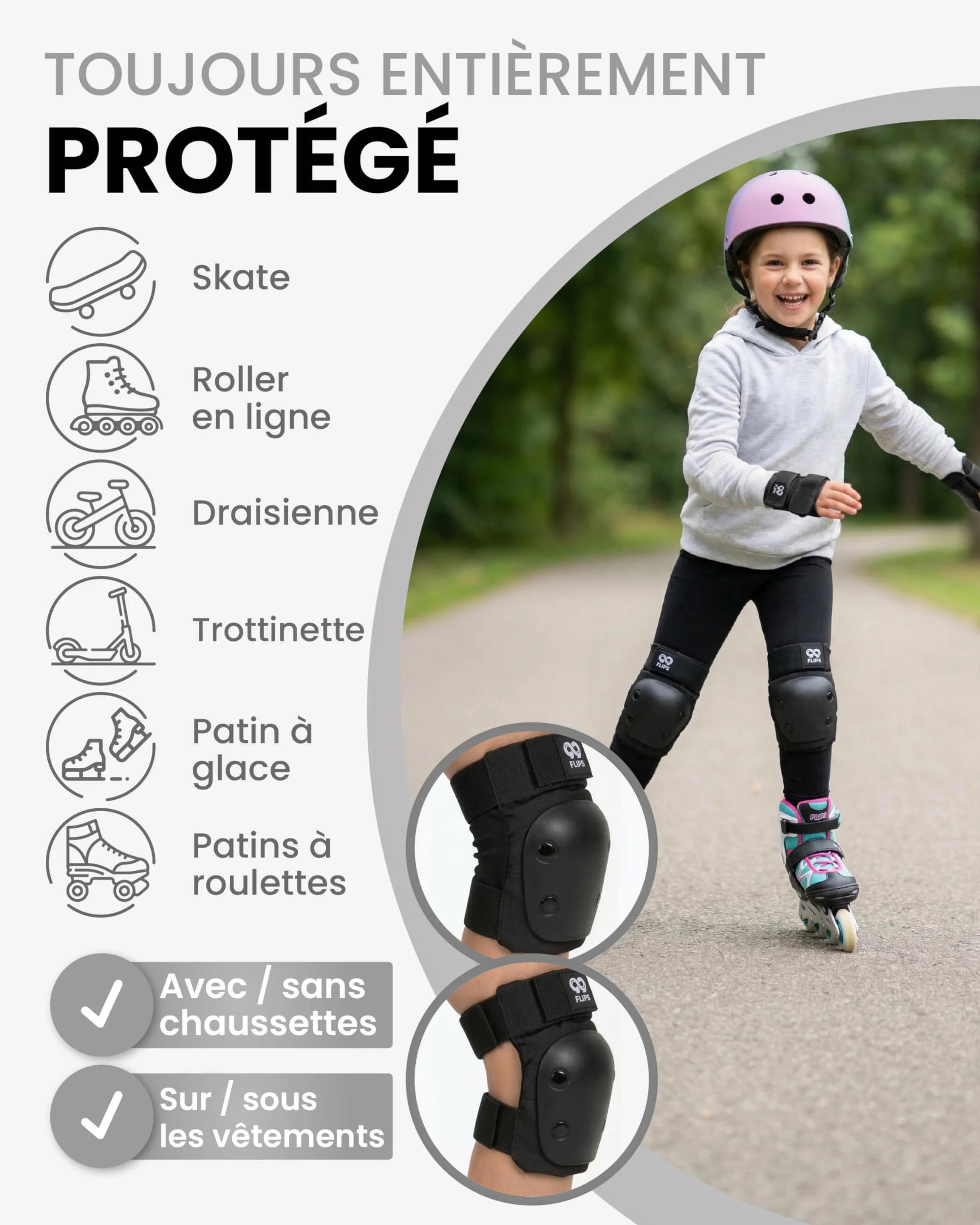 99FLIPS Protection Skateboard Enfant - Protege Genoux Skate et Freestyle BMX Taille SM Noir