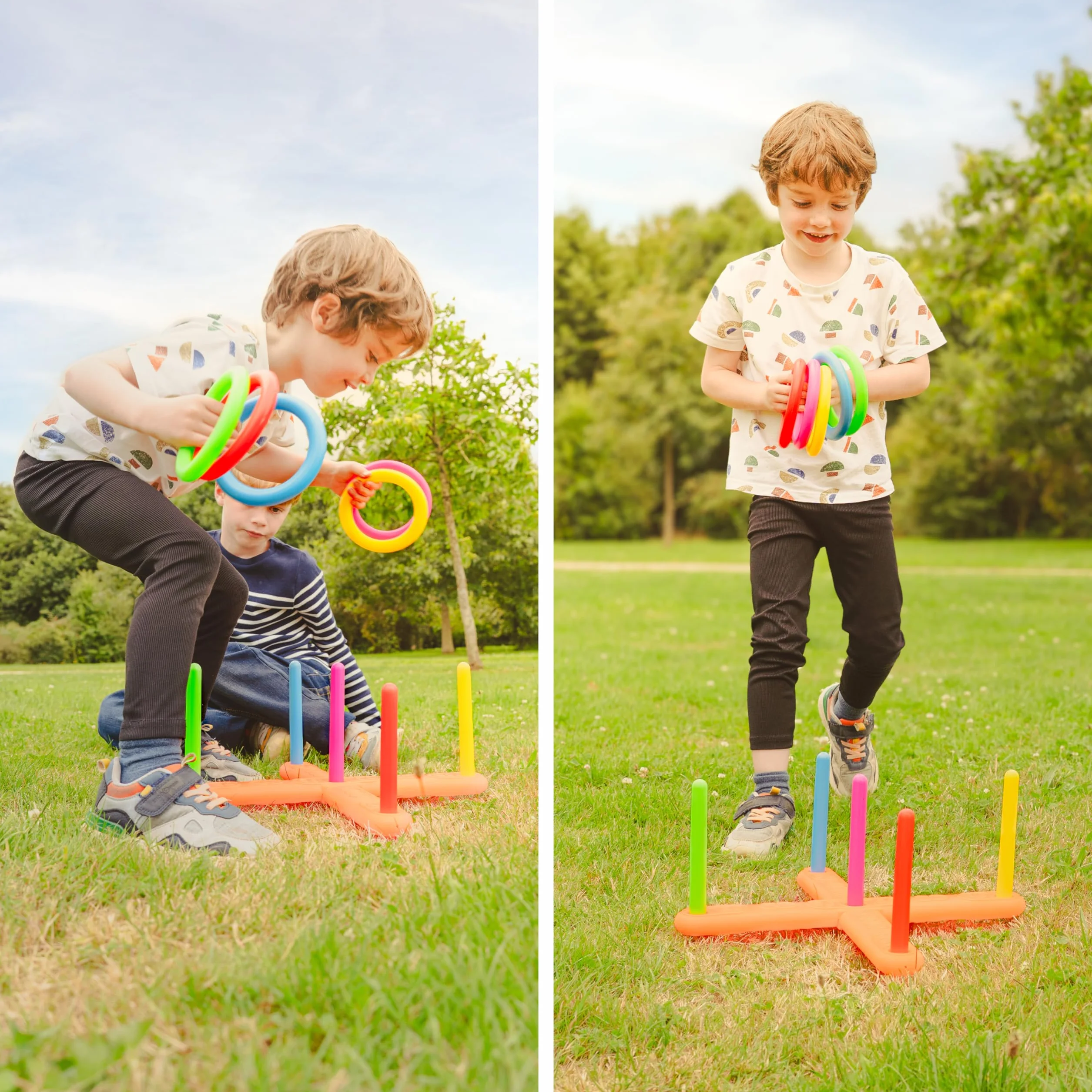 P'TIT CLOWN Jeu de Lancer d’Anneaux Enfant - Jeu d’Extérieur d’Adresse et de Précision - 5 Anneaux, 5 Piquets, Support à Assembler - Plastique