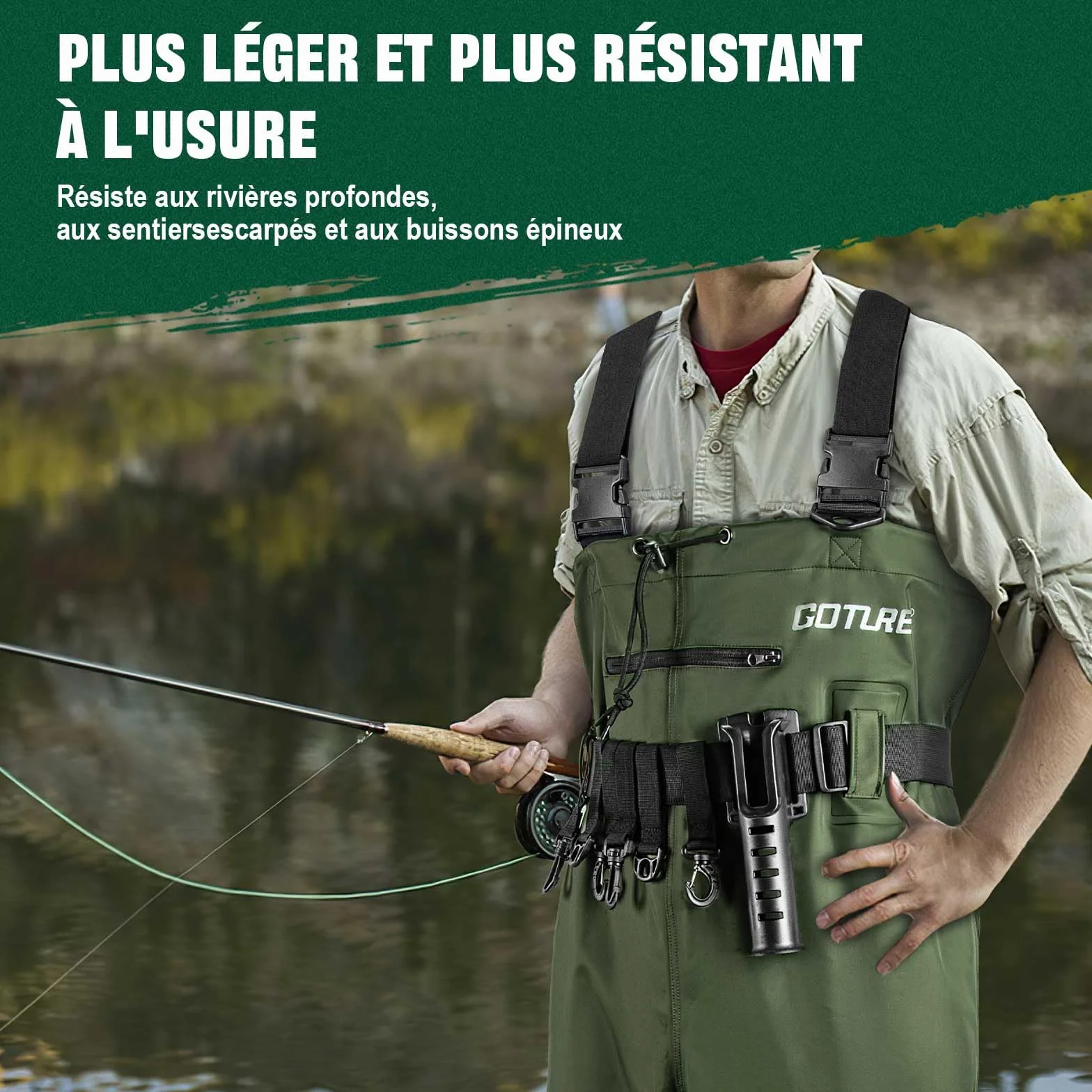 Goture Waders Pêche Homme 70D Nylon étanches avec Poche, Vert