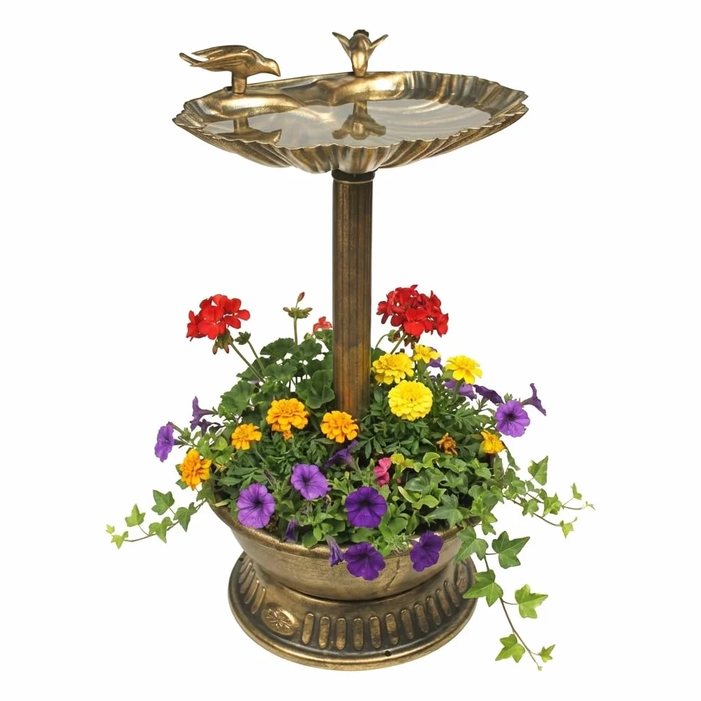 Gardenkraft Bain pour Oiseaux Coquille de palourde avec Base jardinière Bronze