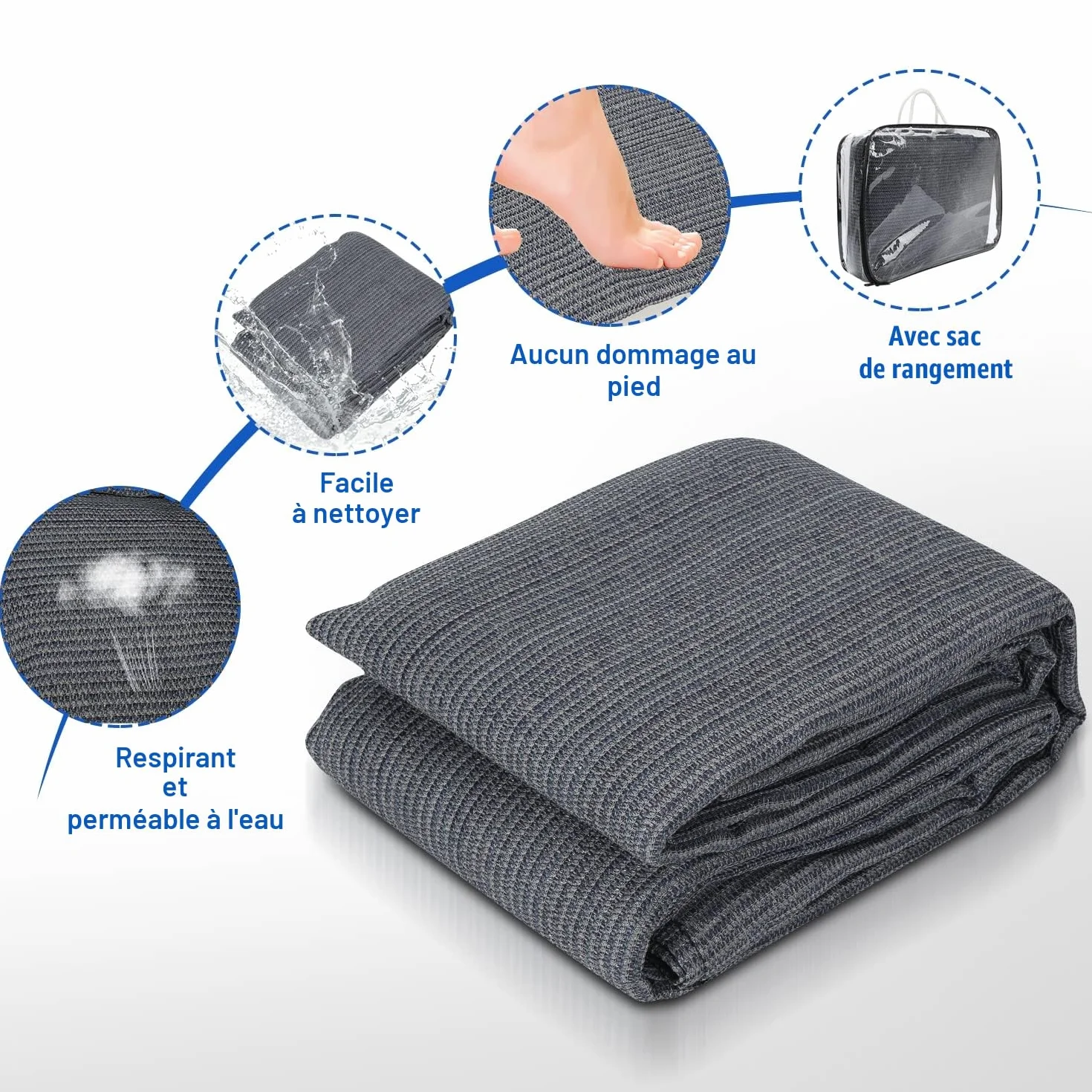 Tapis d'auvent Respirant Antidérapant Lavable pour Camping avec Piquets et Sac de Transport