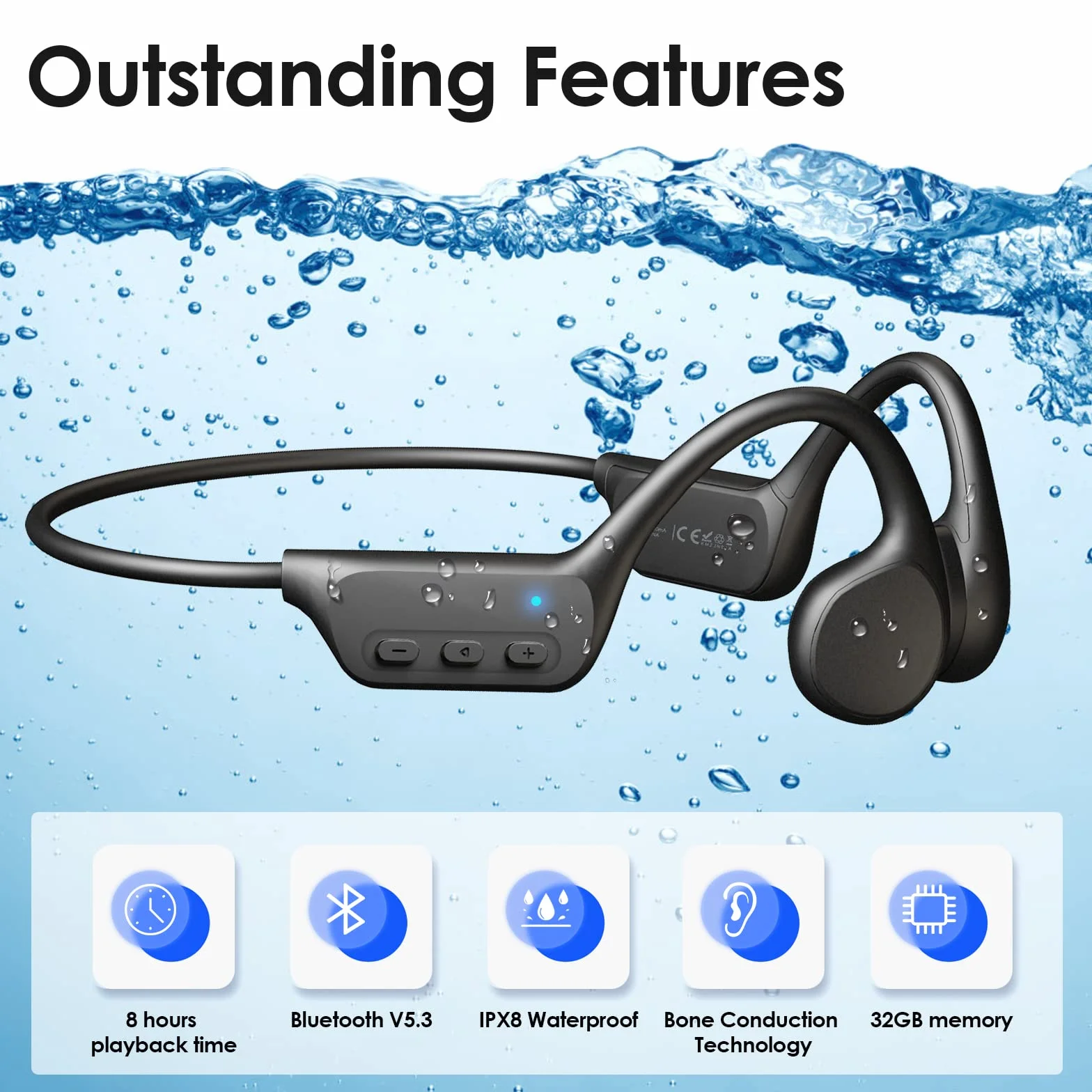 Casque de natation étanche IPX8 MP3 32 Go Bluetooth 5.3 écouteurs sport sans fil microphone intégré