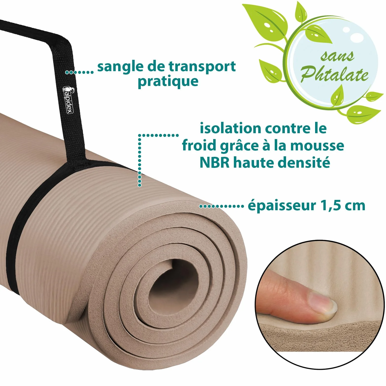 ALPIDEX Tapis de Yoga Épais 1,5 cm 3 Largeurs Antidérapant sans Phtalates Sangle Transport