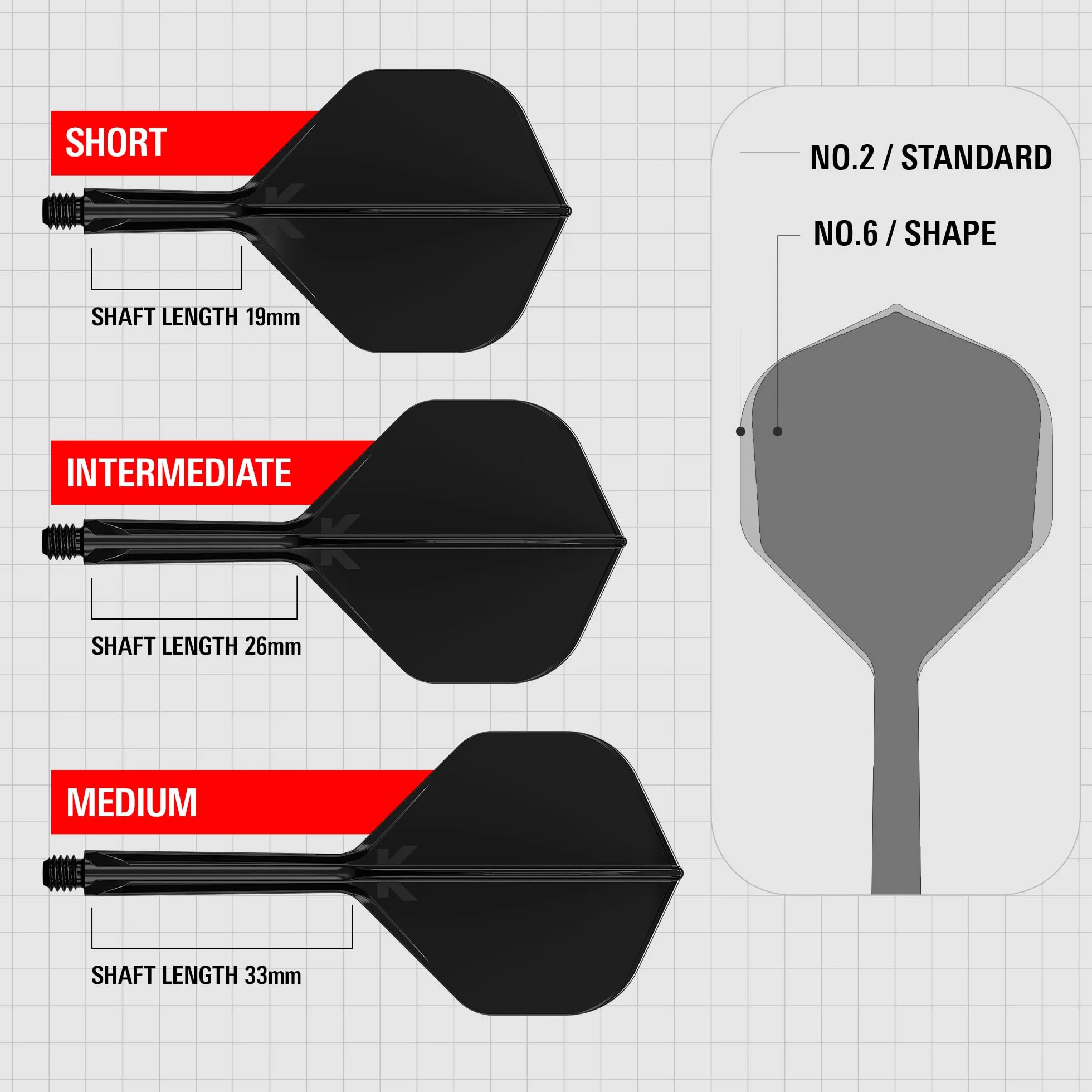 Target Darts K Flex Fléchettes et Arbres Intégrés No.2 Pack de 3 Moulées Longueurs: Court, Intermédiaire, Moyen