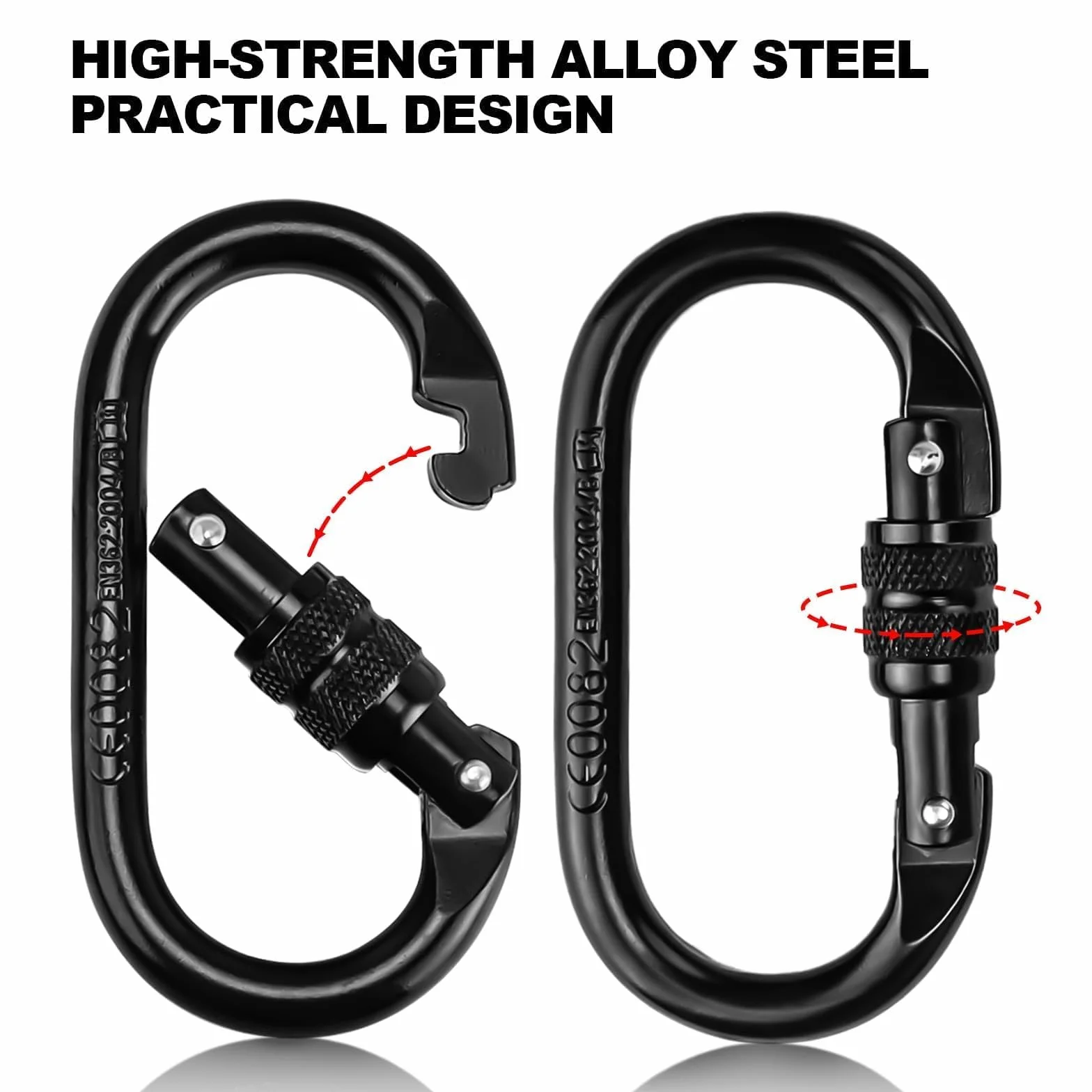 Mousquetons d'escalade Résistance 25 KN Acier Allié Chromé Noir Lot de 2