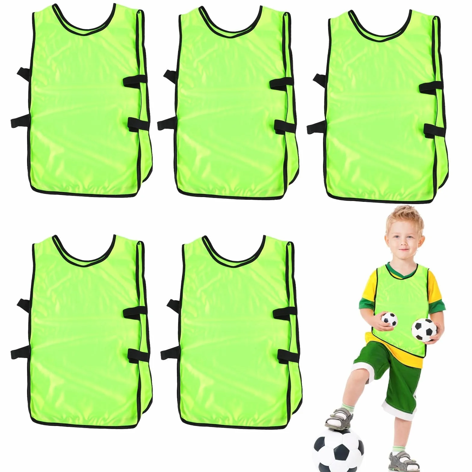 Agatige 5Pcs Débardeur d'Entraînement Enfants Gilets Ballon Dossards sans Manches Col Rond Couleurs Vives Football Rugby Vert