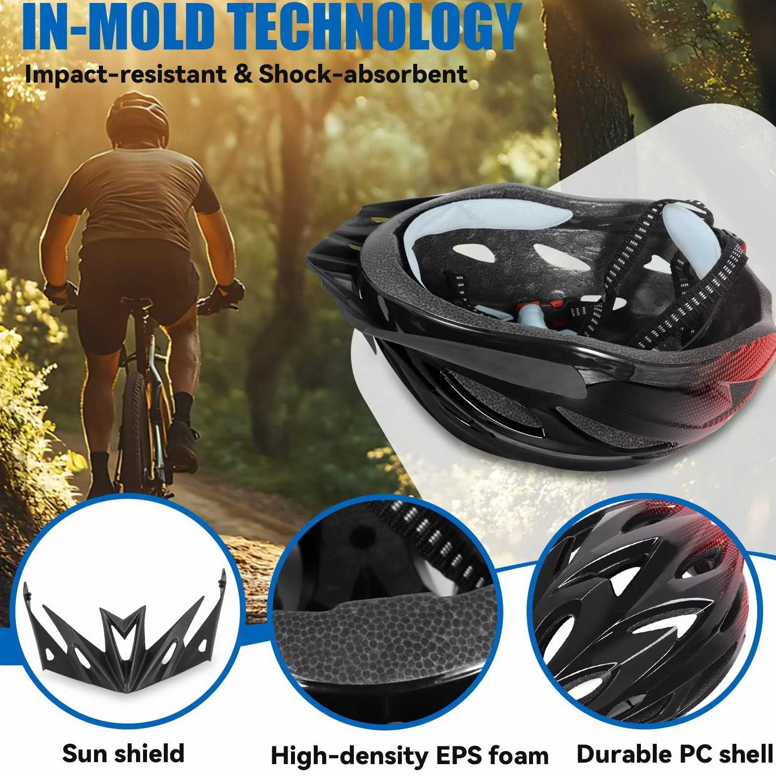 Casque de Vélo LED 3 Modes Léger Réglable Visière Amovible Taille 58-62 cm
