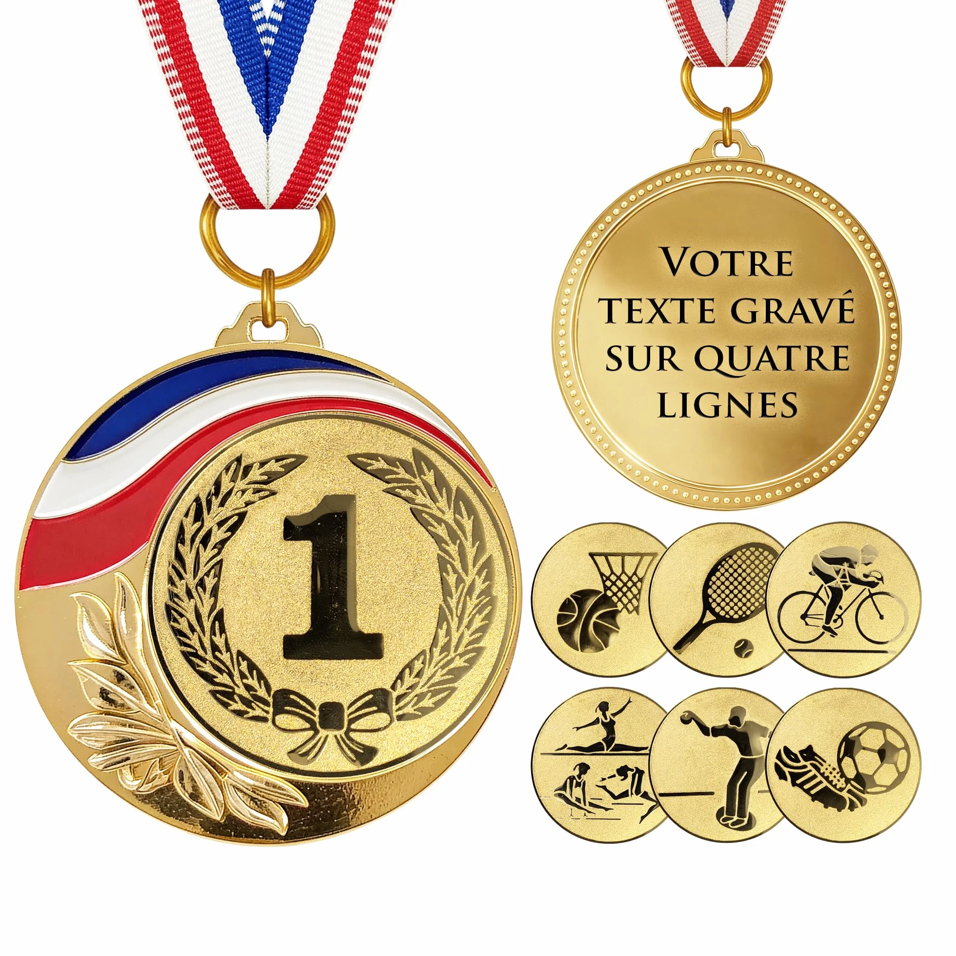 Médaille personnalisée or gravée 7 cm ruban France récompense sport concours