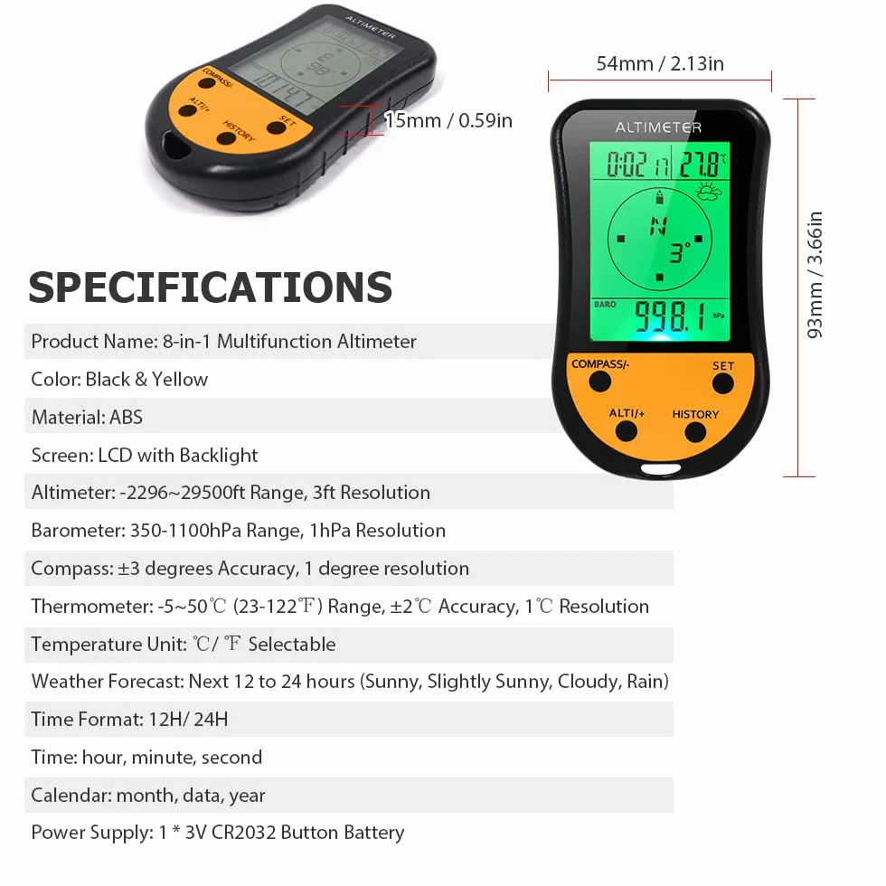 Altimètre numérique électronique 8 en 1 multifonction LCD rétroéclairage baromètre boussole thermomètre prévisions météo horloge calendrier extérieur escalade randonnée pêche