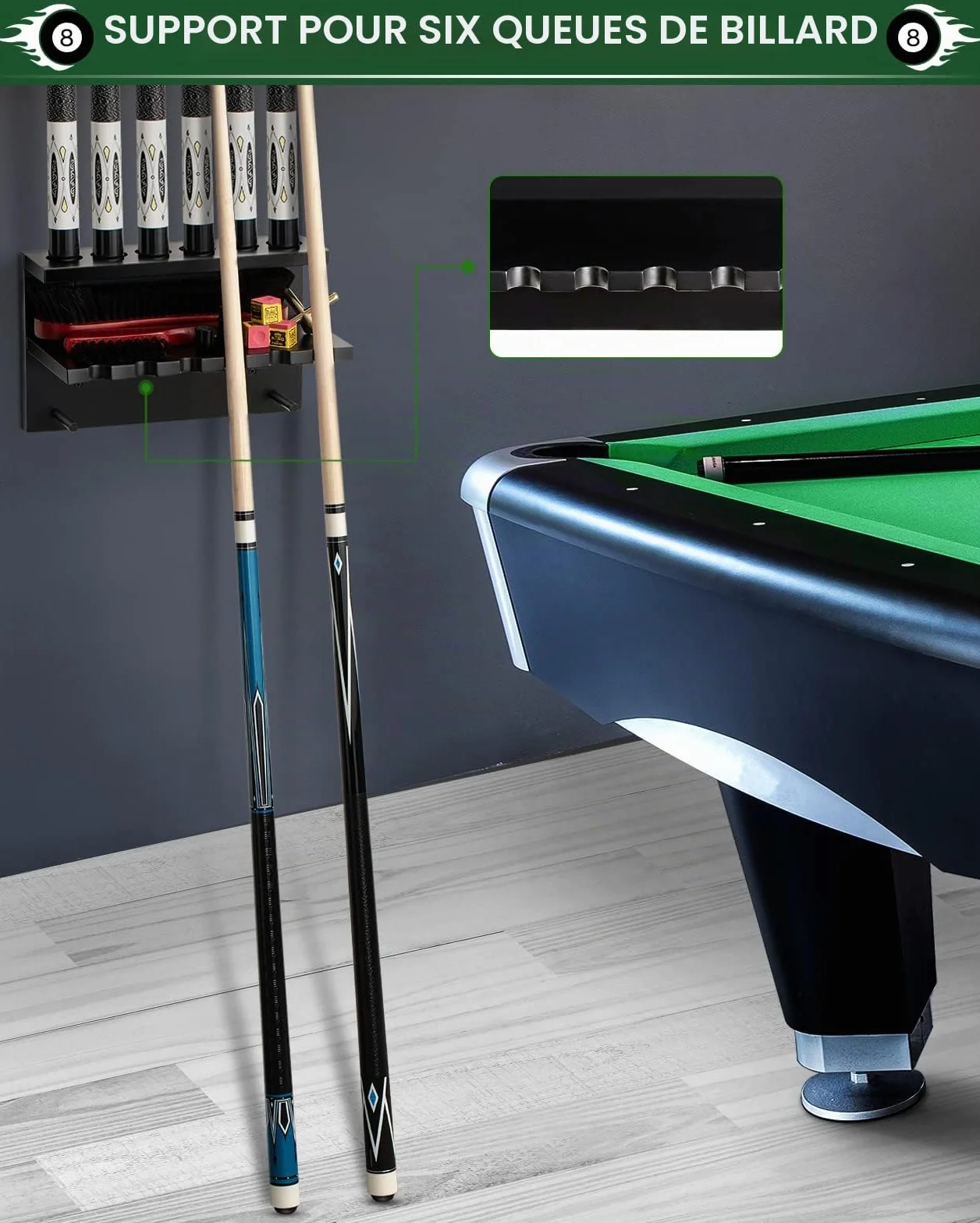 Support mural pour queues de billard en bois dur 6 queues accessoires table billard organisateur