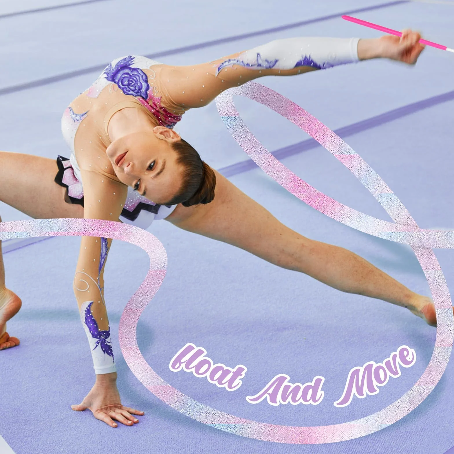 Ruban de Gymnastique 4m Scintillant avec Bâton Rotatif pour Danse Rythmique