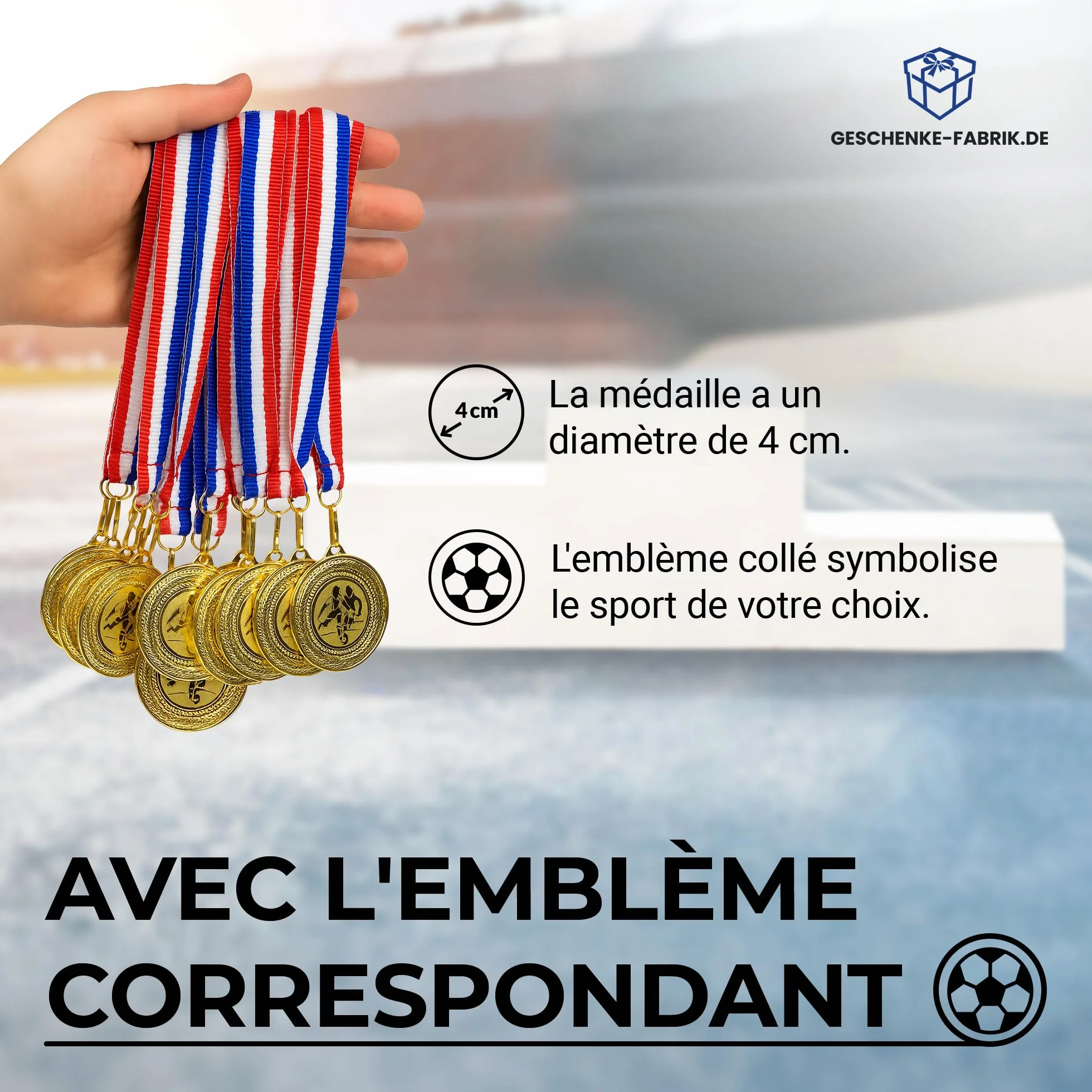 Médailles de Football dorées en métal Lot de 10 avec Ruban Bleu-Blanc-Rouge pour Enfants Clubs Tournois