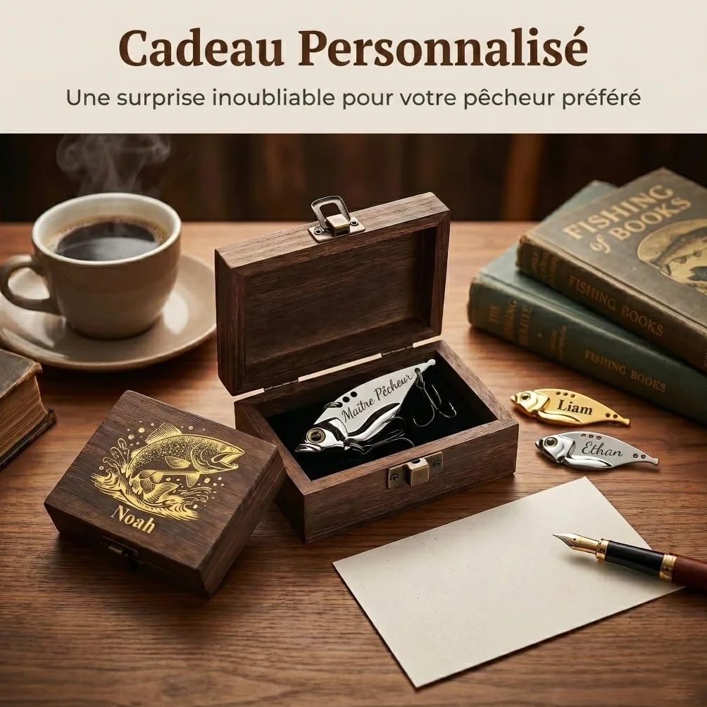 Cadeau Fête des Pères Leurre Pêche Personnalisé avec Texte Gravé Boîte en Bois Accessoires de Pêche pour Homme