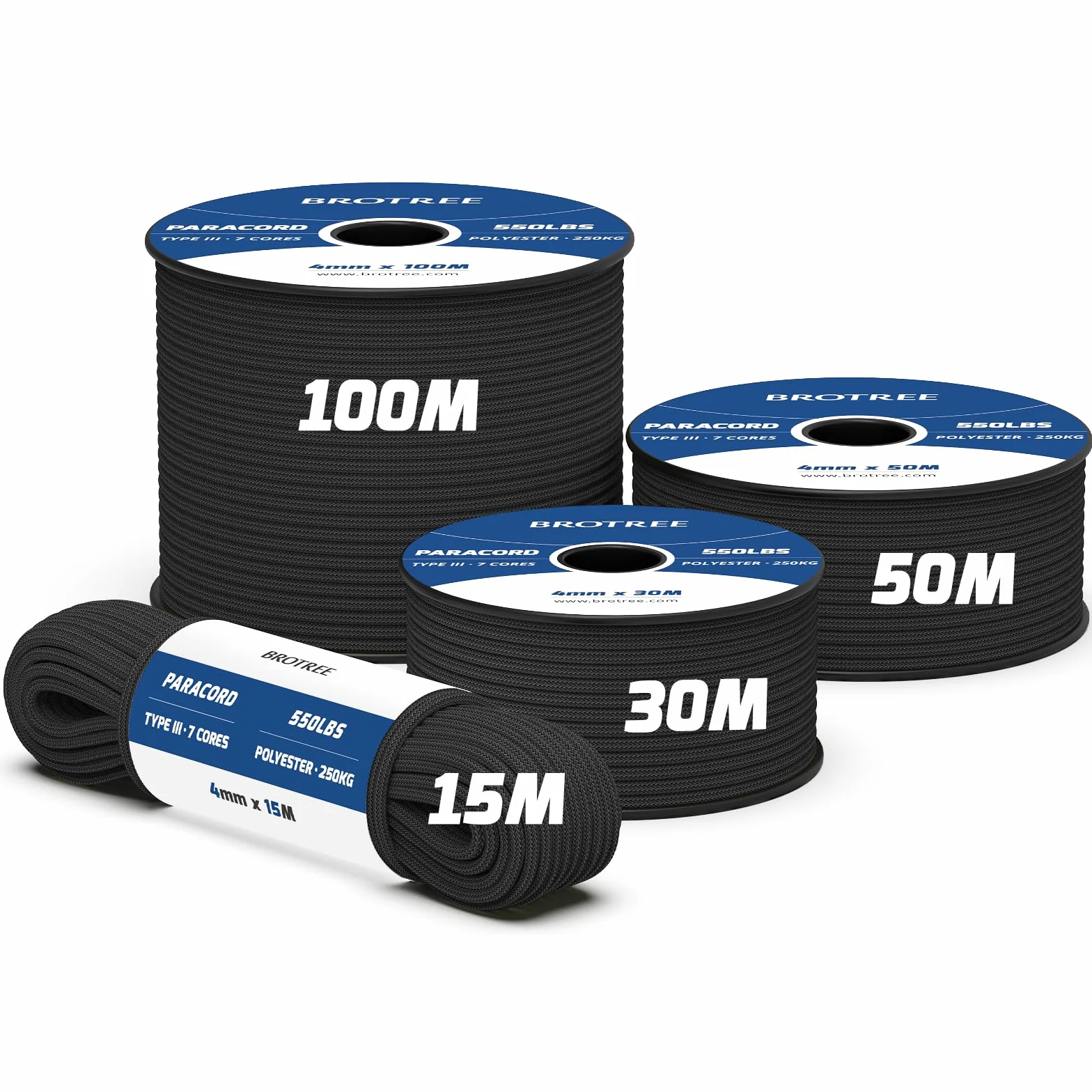 Brotree 550 Paracorde 4mm 15m 100% Polyester Type III 7 Brins Noir