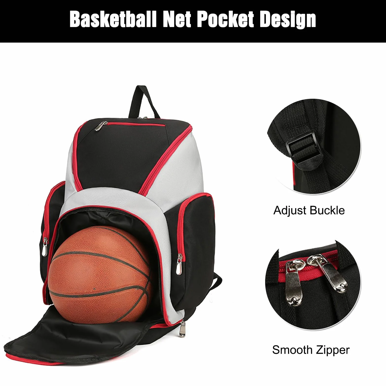 FANDARE Sac à Dos de Basket-Ball Grand Sac de Foot Sacs à Dos Cartables Noir Rouge