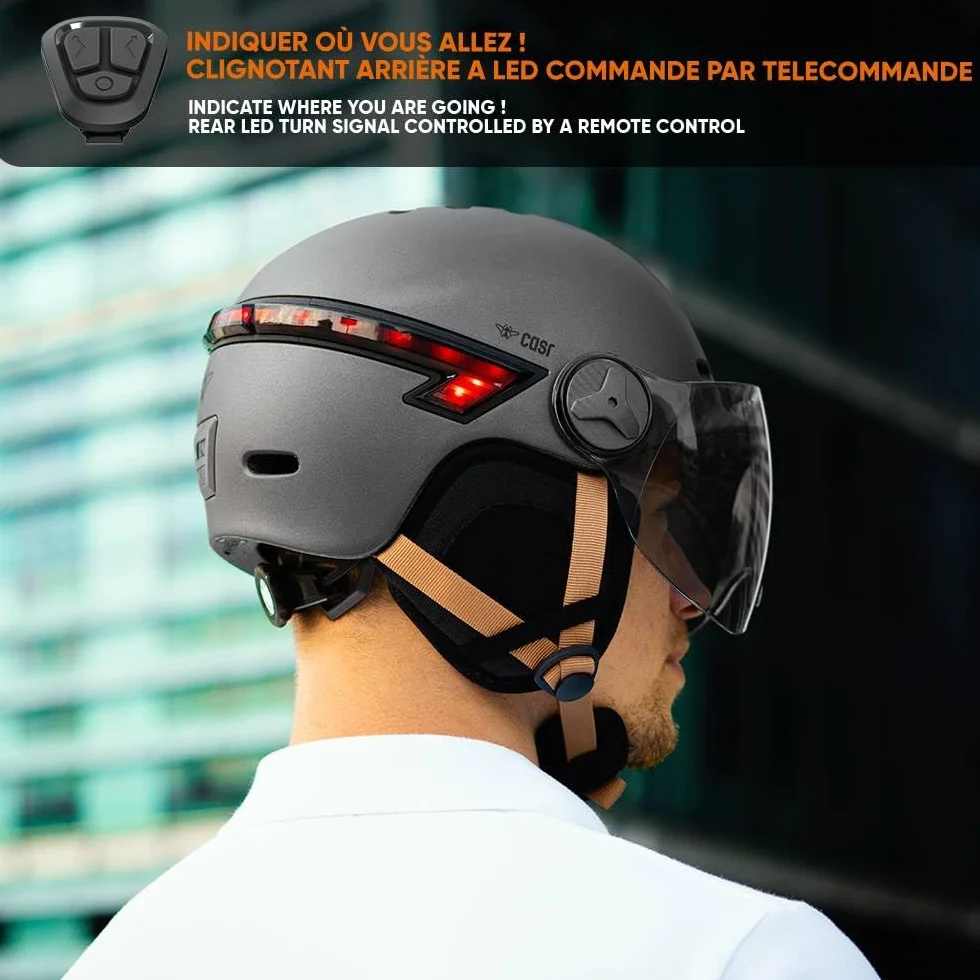CASR Glow Casque LED Vélo Trottinette Visière XL Cache-Oreilles Amovibles Clignotants Télécommande Gris Taille L