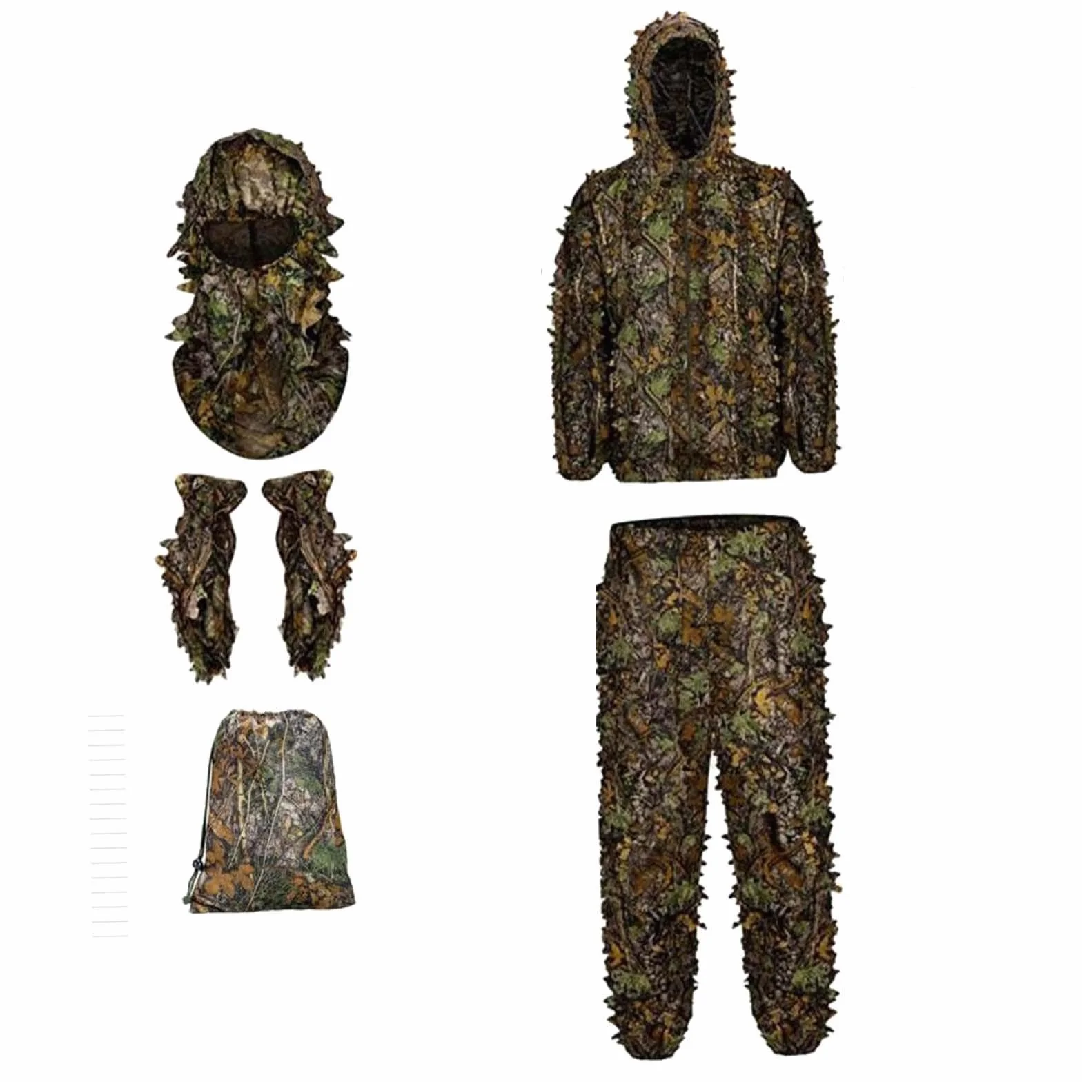 Milageto Ghillie Suit Set Woodland Camouflage 3D Leafy Hunting Costume for Outdoor Game, M L