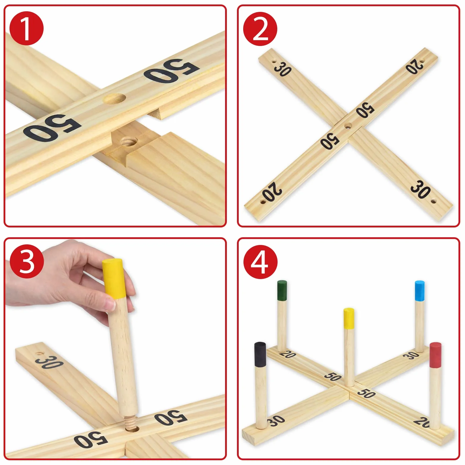 Jeu de lancer d'anneaux en bois avec 5 anneaux en nylon et 5 barres colorées