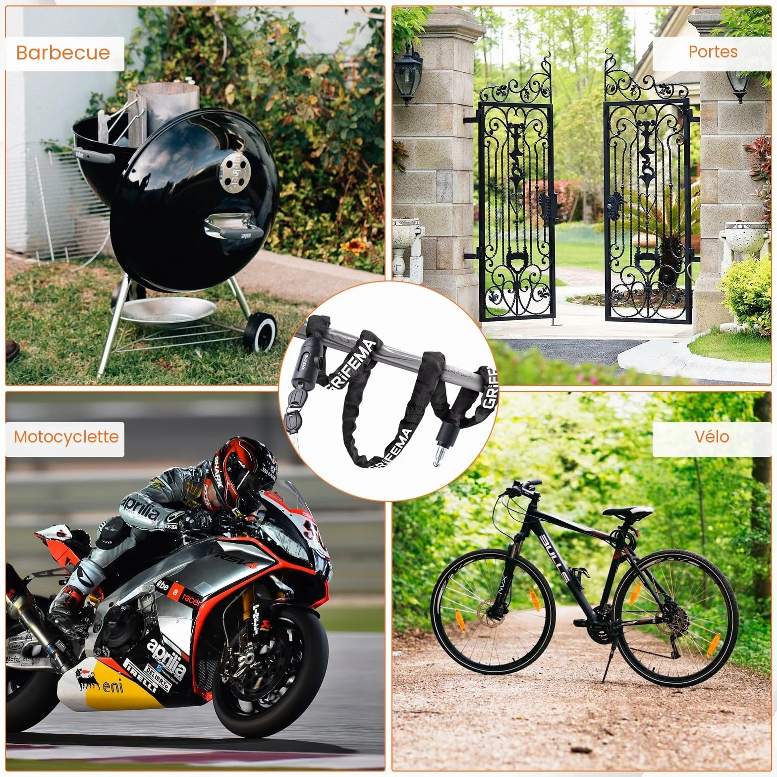 GRIFEMA GA1201-12 Chaîne Antivol Vélo 120 cm Cadenas Vélo Motos Trottinette Portail Noir