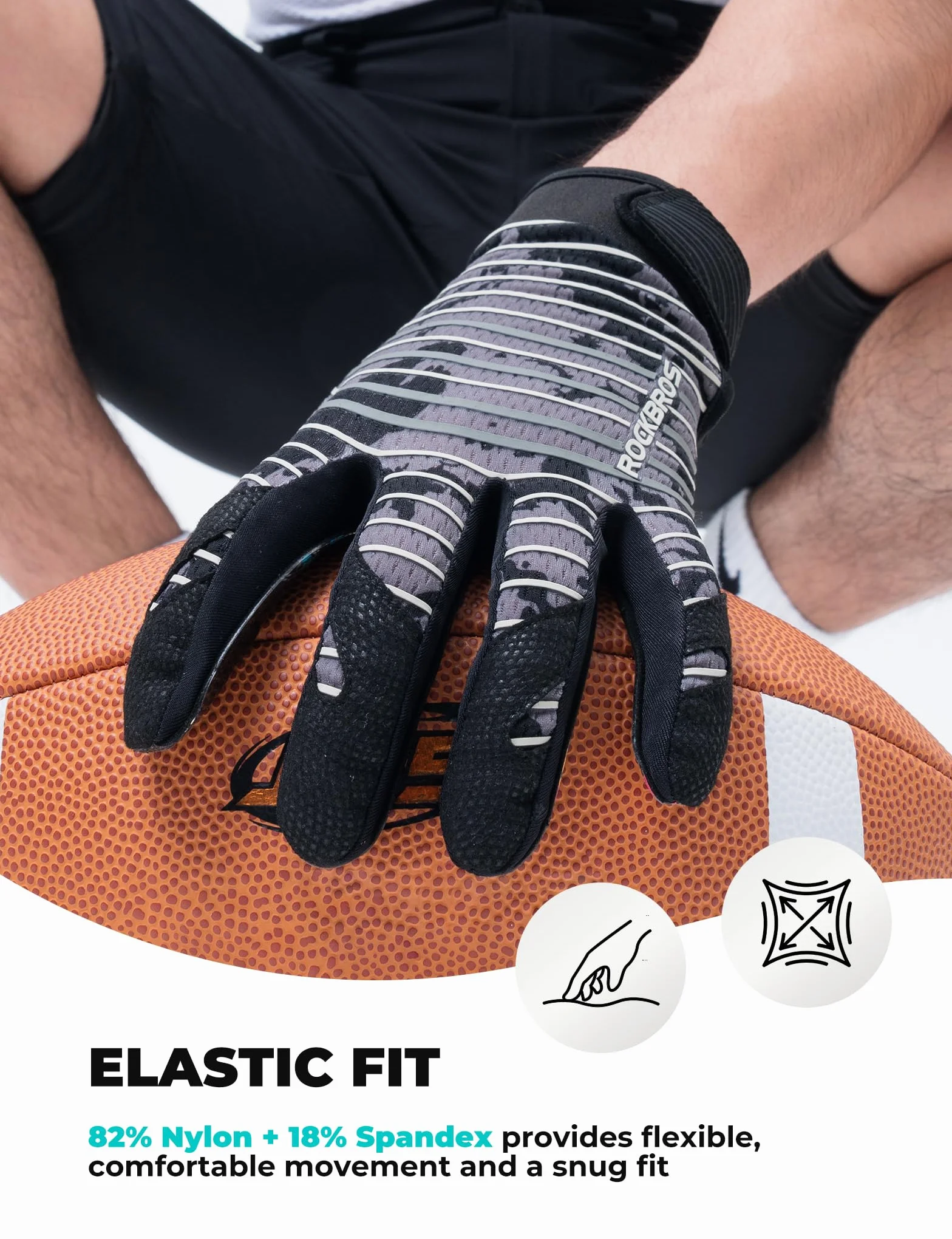 ROCKBROS Gants de Receveur Football Américain Paume PU Antidérapante Maintien Réglable