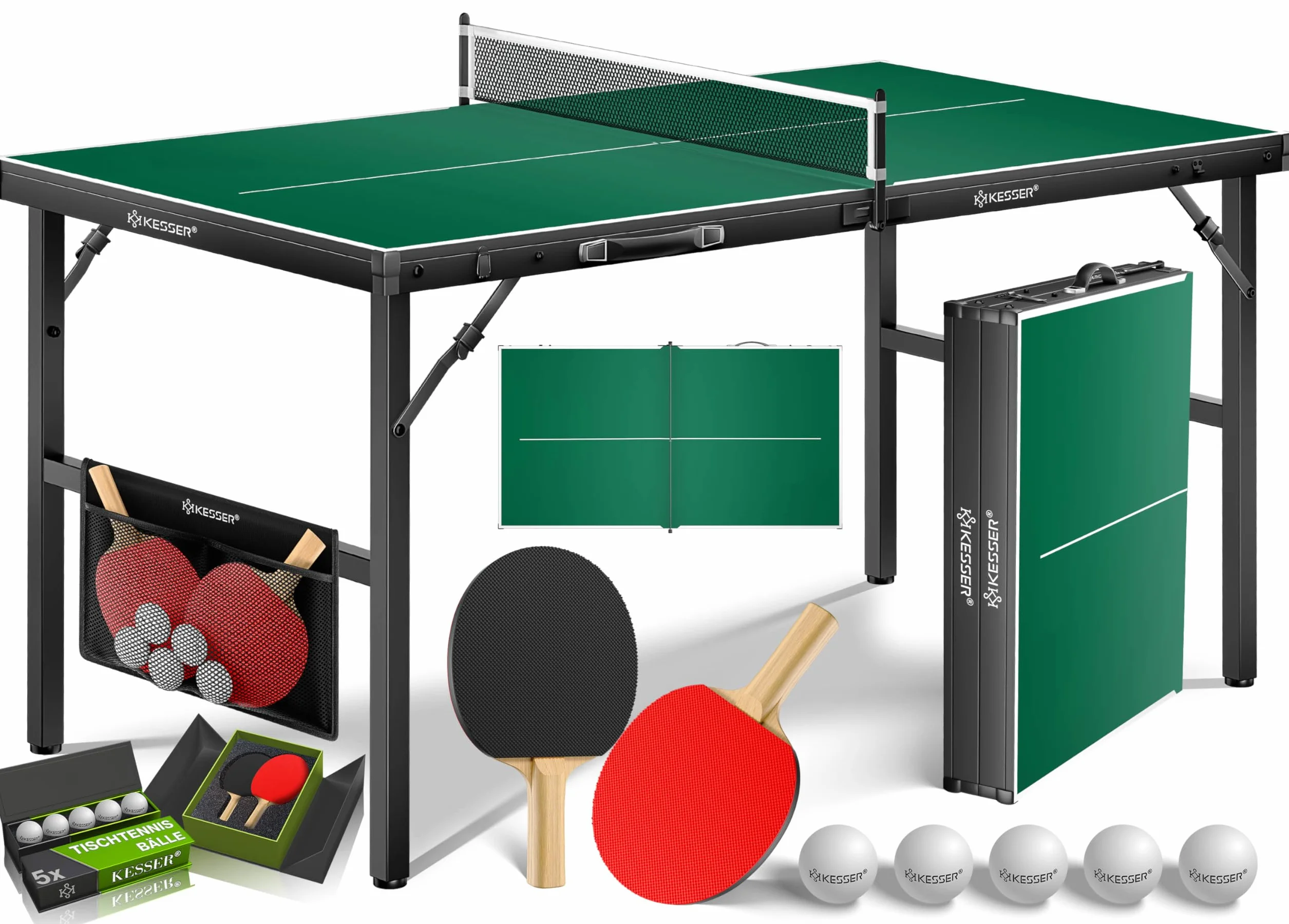 KESSER Mini table de ping-pong d'extérieur intérieur avec raquettes balles filet TT résistant aux intempéries laminé pliable