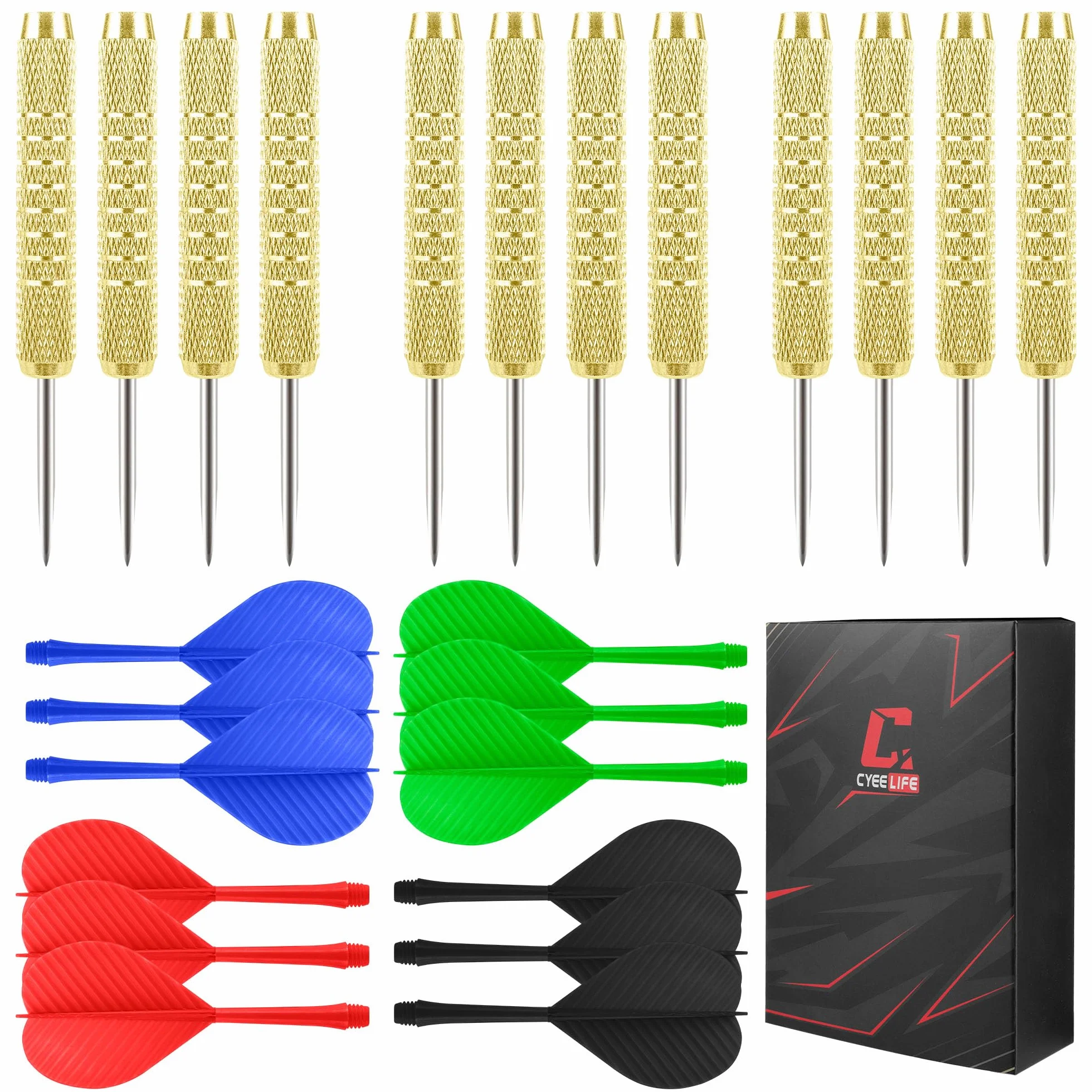 Fléchettes Pointe Acier 12 pcs, Jeu de Fléchettes Métal avec 4 Couleurs d'Ailettes