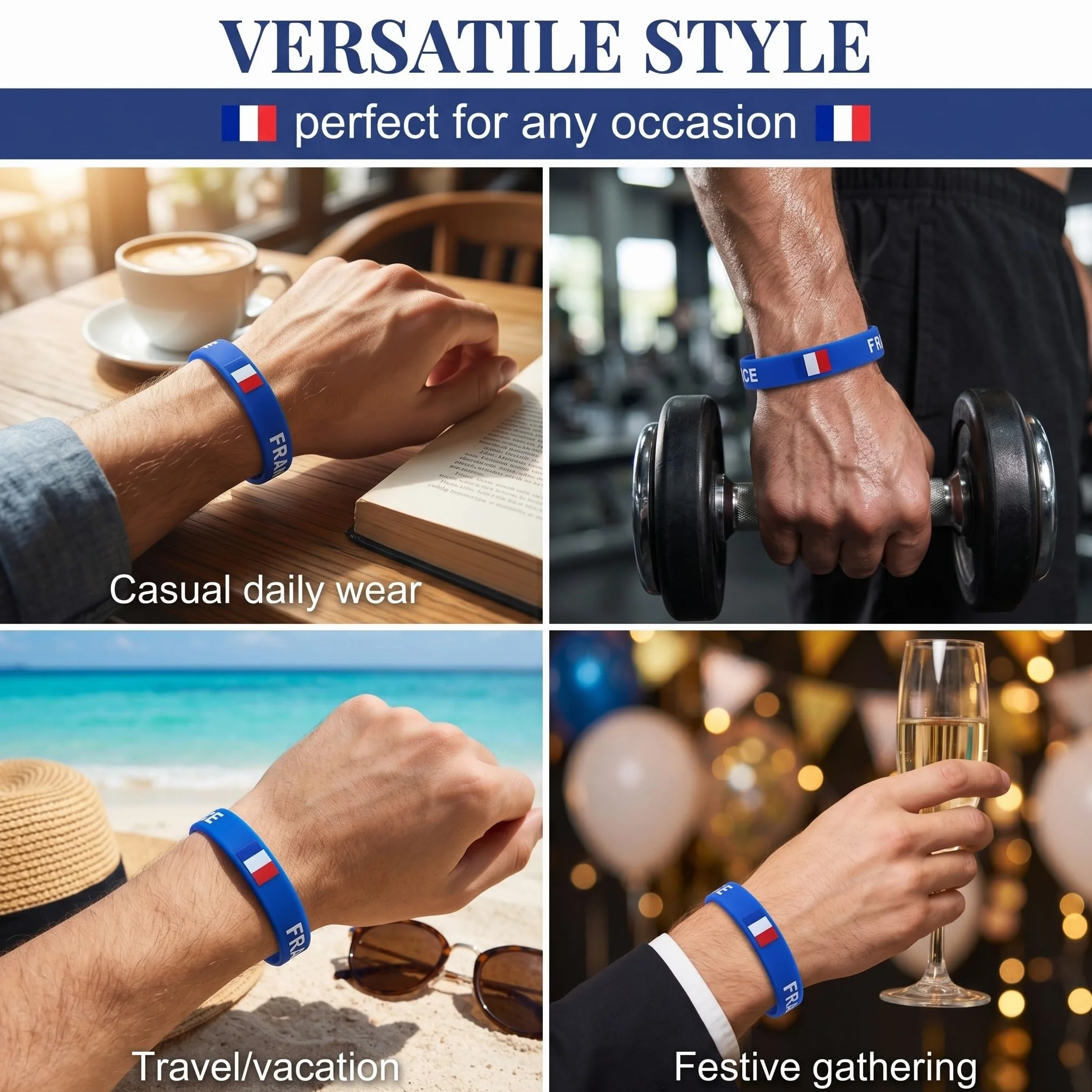 Bracelet Nylon Bleu Blanc Rouge Élastique Réglable Imperméable Taille Unique 4 Pièces