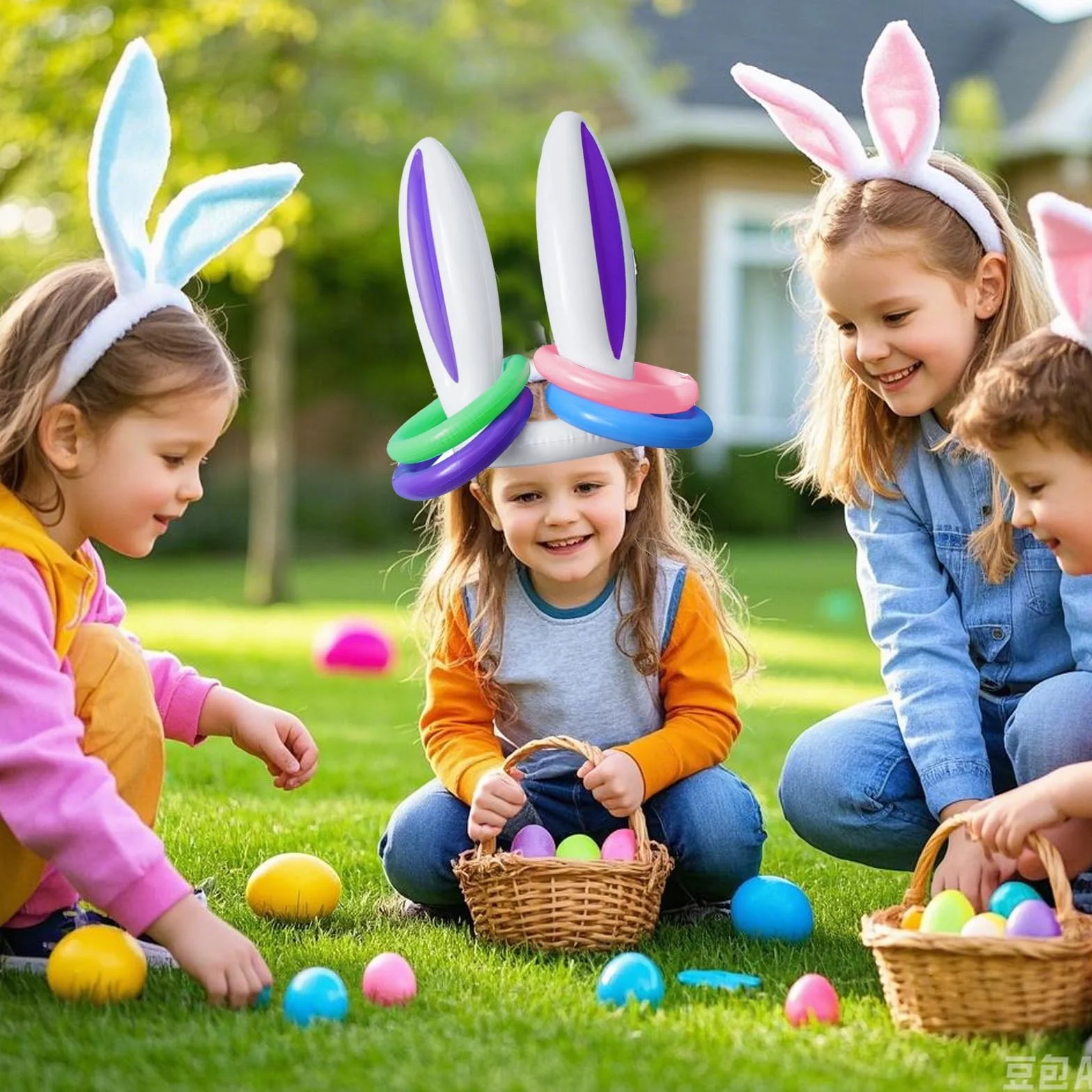 Jeu de Lancer d'Anneaux Gonflable Oreilles de Lapin avec Pompe, Jeu Extérieur Enfant Adulte Piscine Jardin Fête Pâques