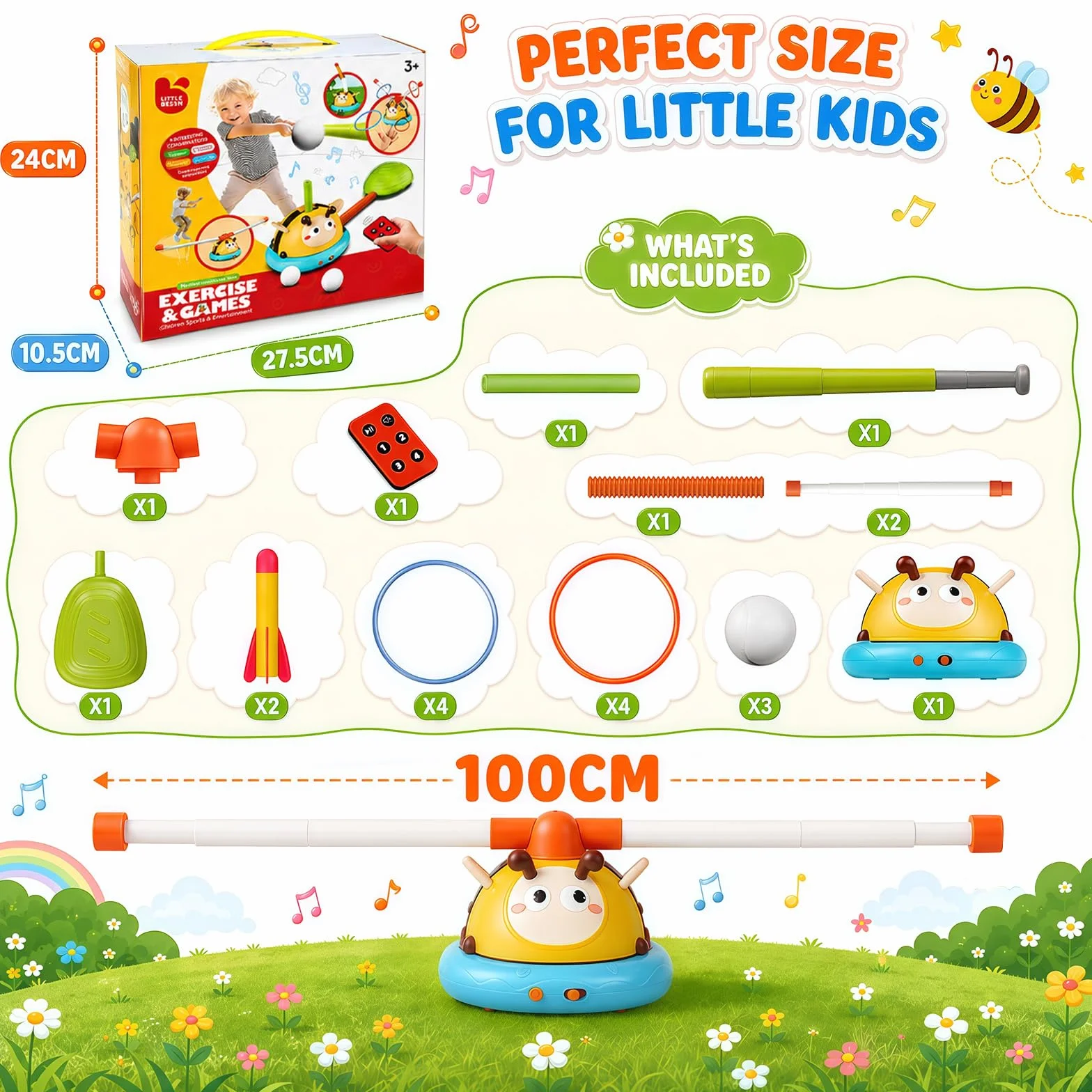 4 en 1 Jeux Extérieur Enfant Fusée, Corde à Sauter, Lancer d'Anneaux, Base-Ball, Jouet Extérieur avec Télécommande Cadeaux Garçons Filles 3-10 Ans