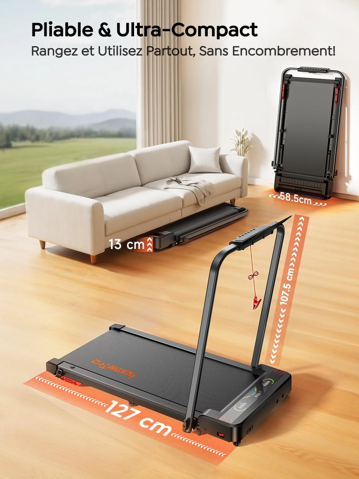 Tapis de Course Pliable 5-en-1 avec LED Motivantes, Inclinable 9%, Moteur Silencieux, Double Écran LED, 1-12 km/h, Compact Walking Pad 120kg