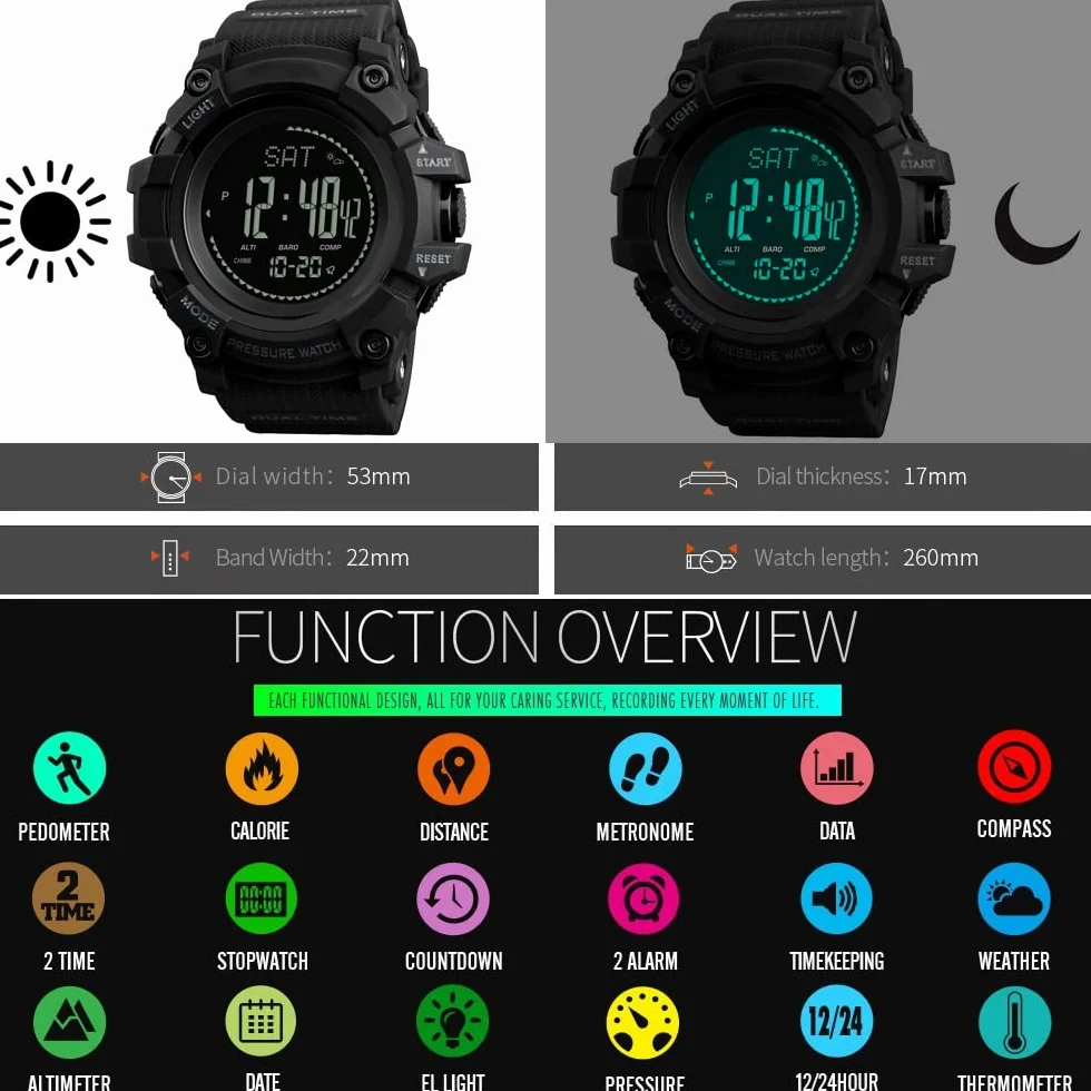 Montre Homme Outdoor Sport Digital Multifonctionnelle Plastique Caoutchouc Bracelet Noir Podomètre Altimètre Baromètre Thermomètre