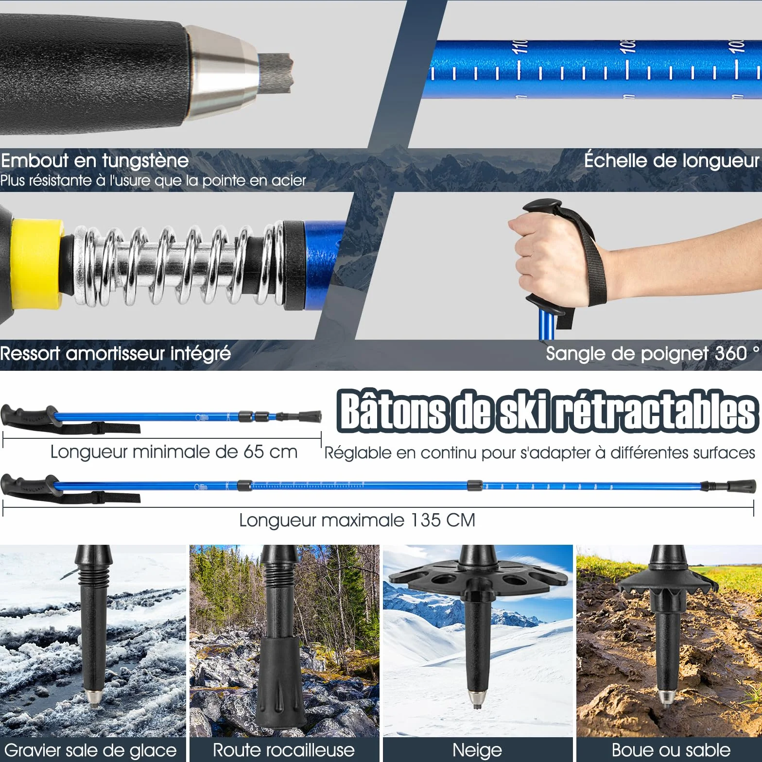 COSTWAY Raquettes à Neige 4 en 1 Aluminium Adultes Pointure 35-45 Charge 30-130kg