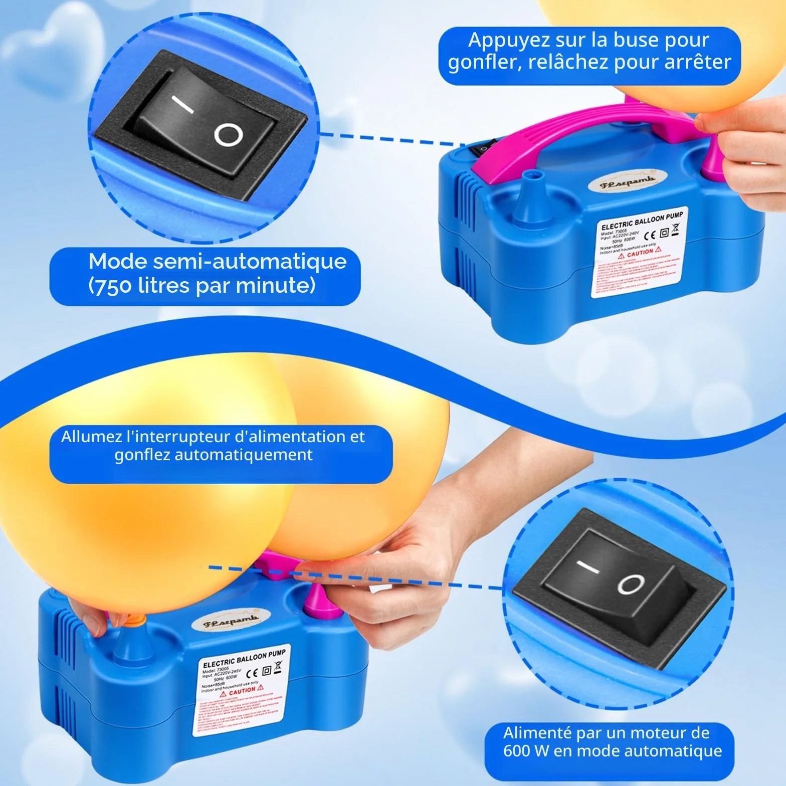 Pompe à Ballons électrique 600W, Gonfleur Ballon Portable avec Plusieurs Buses, 2 Modes