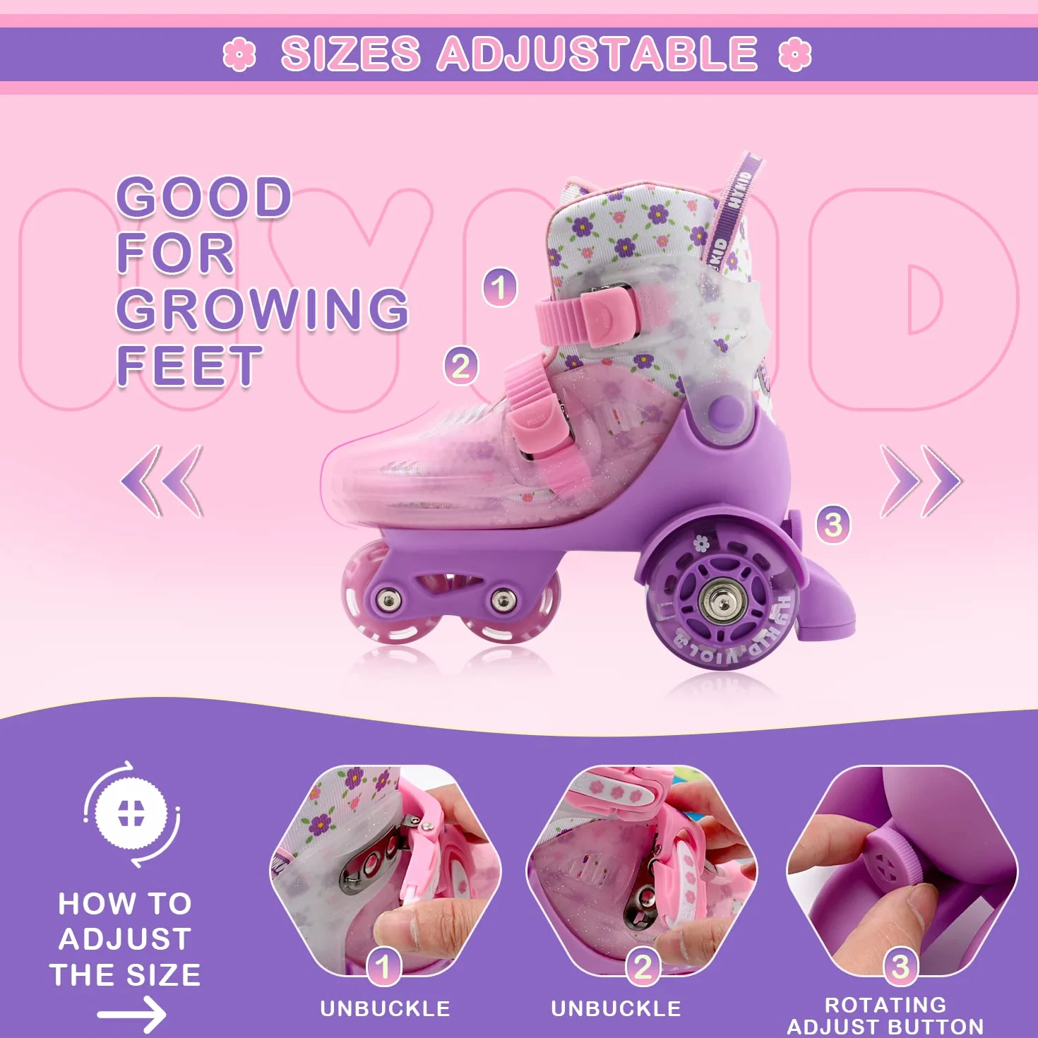 Patins à Roulettes Réglables Enfant Fille 3-9 Ans Lumière Débutant