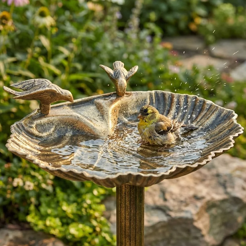 Gardenkraft Bain pour Oiseaux Coquille de palourde avec Base jardinière Bronze