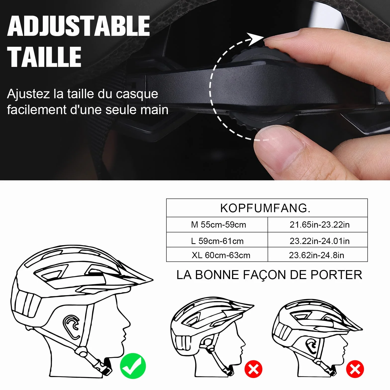 KINGLEAD Casque de vélo léger avec lumière LED avant et arrière 5 modes cyclisme trekking