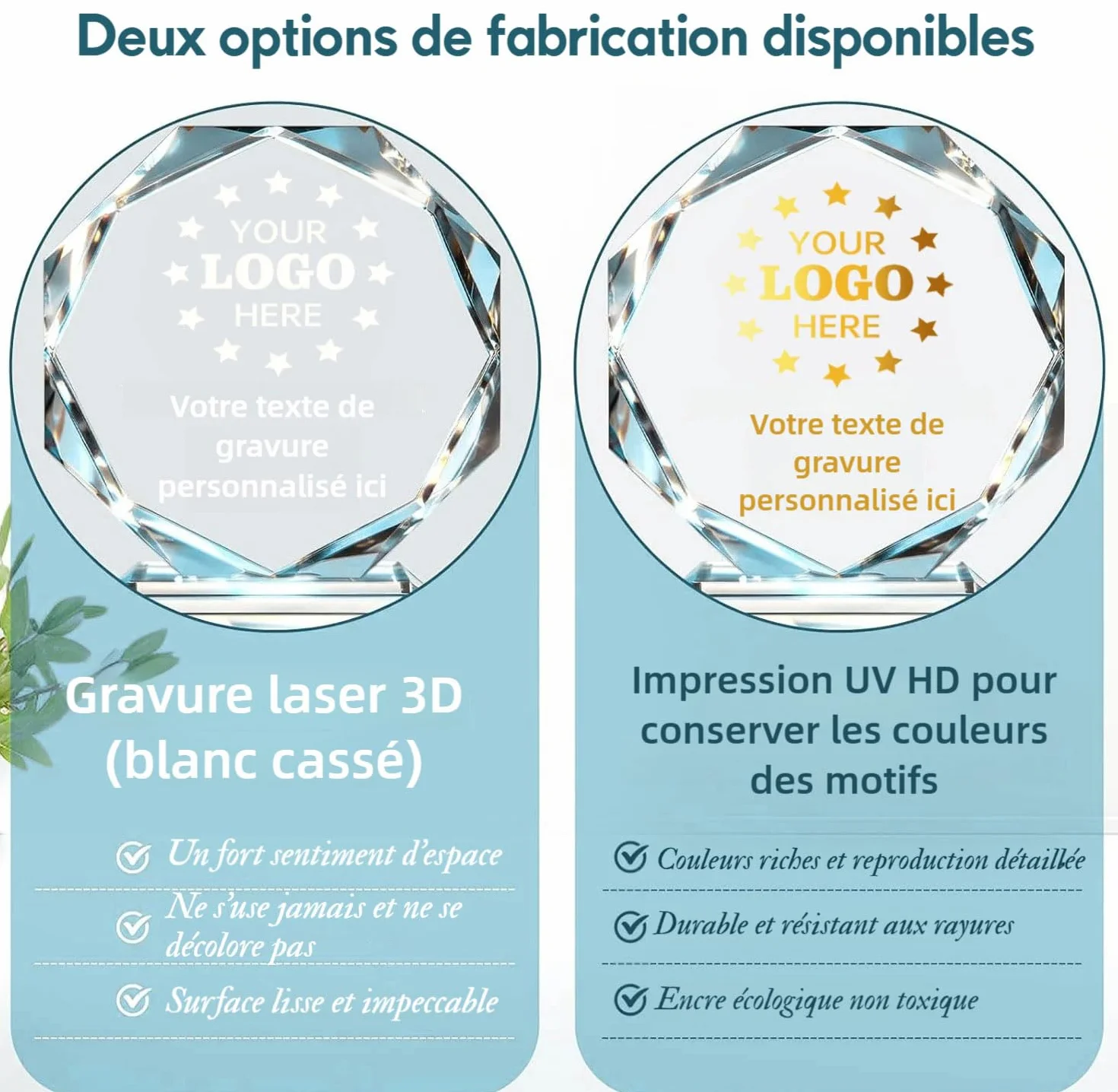 Trophée en Cristal Personnalisé avec Logo Photo Texte, Verre Personnalisable, Plaques Événements Entreprise